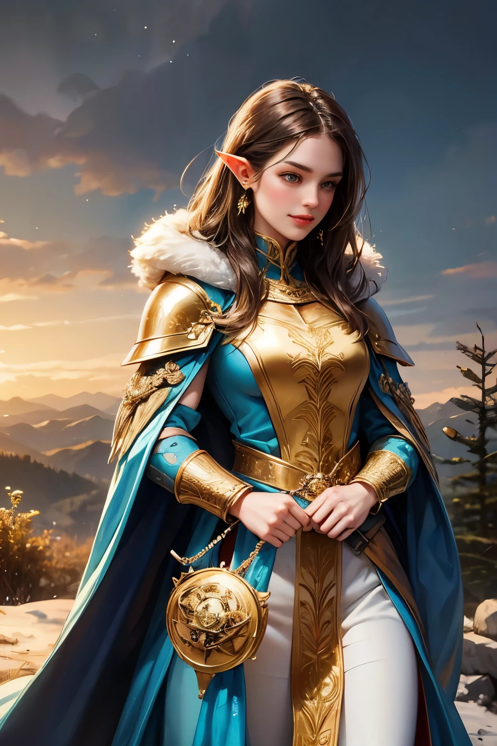 A attractive beautiful elf girl with brown hair and grey eyes dressed in fine elegant gold armour with blue electric pattern engraved upon the armor with a thick fur cloak and sword in hand standing on a mountain looking out over a dense forest valley, a castle in the distance, a grin on her face, jewelry, earings, 