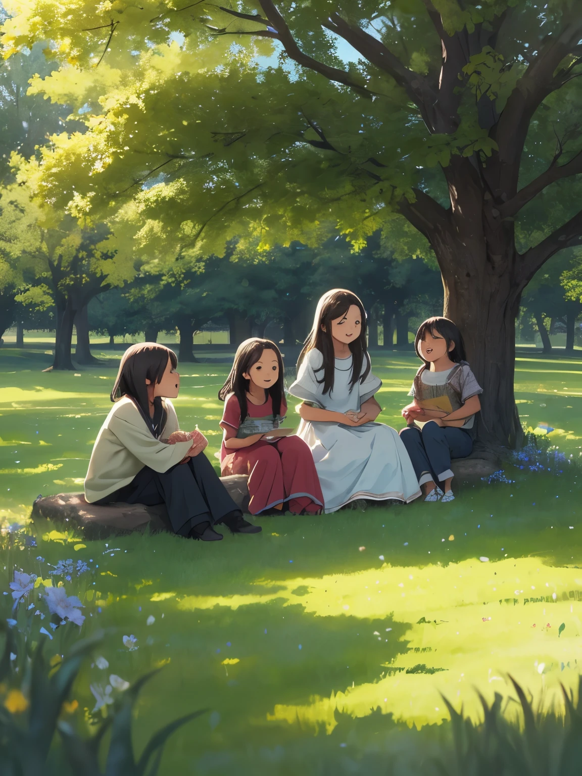 In a green meadow is Jesus teaching a group of children BREAK With a joyful expression, they are sitting under a tree.
BREAK Ao seu lado, some children sitting on the green lawn happy.
BREAK The most appropriate effect for this scene would be a watercolor painting technique to capture the softness of the meadow and the fluidity of movement.