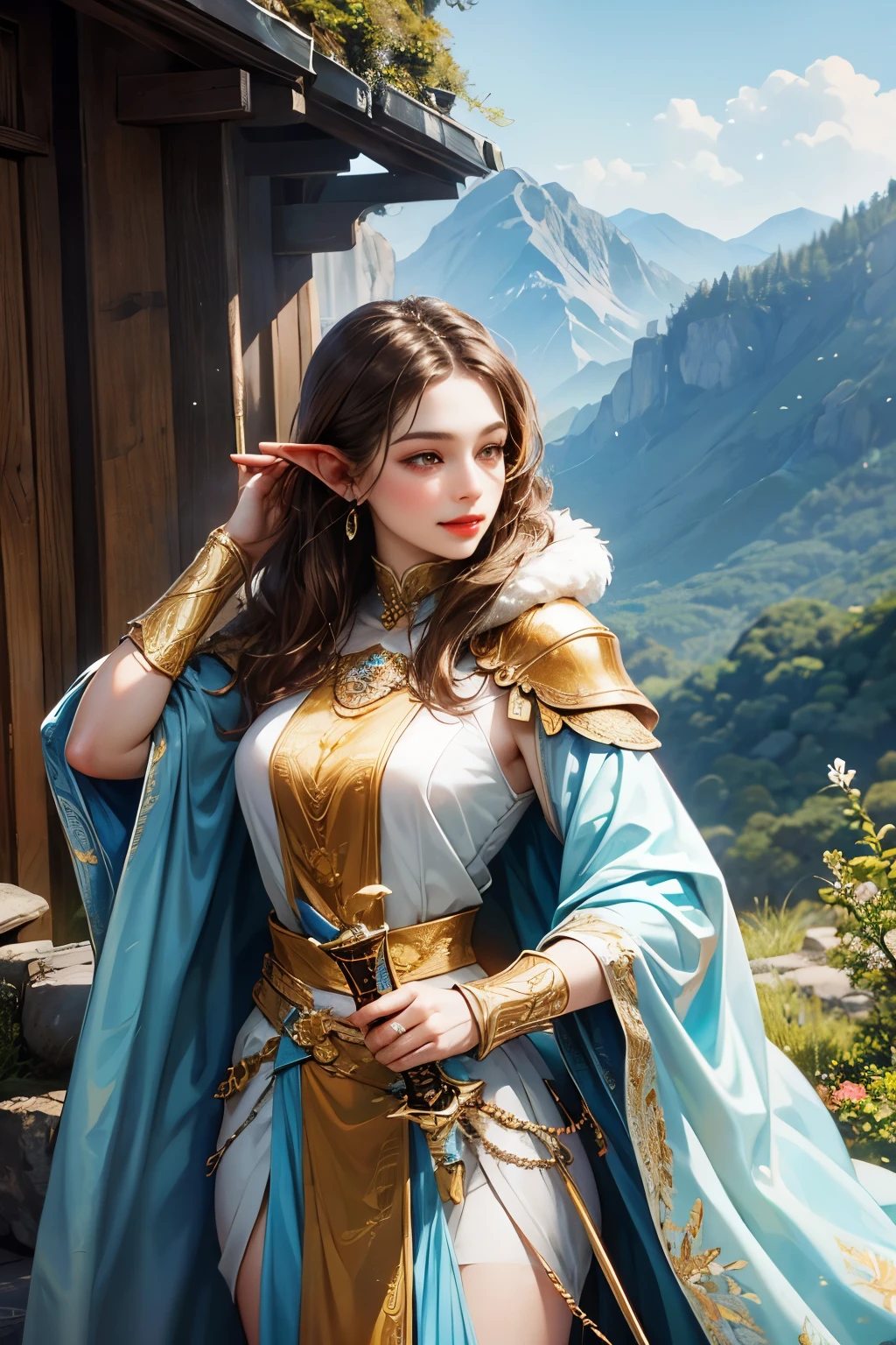 A attractive beautiful elf girl with brown hair and grey eyes dressed in fine elegant gold armour with blue electric pattern engraved upon the armor with a thick fur cloak and sword in hand standing on a mountain looking out over a dense forest valley, a castle in the distance, a grin on her face, jewelry, earings, 