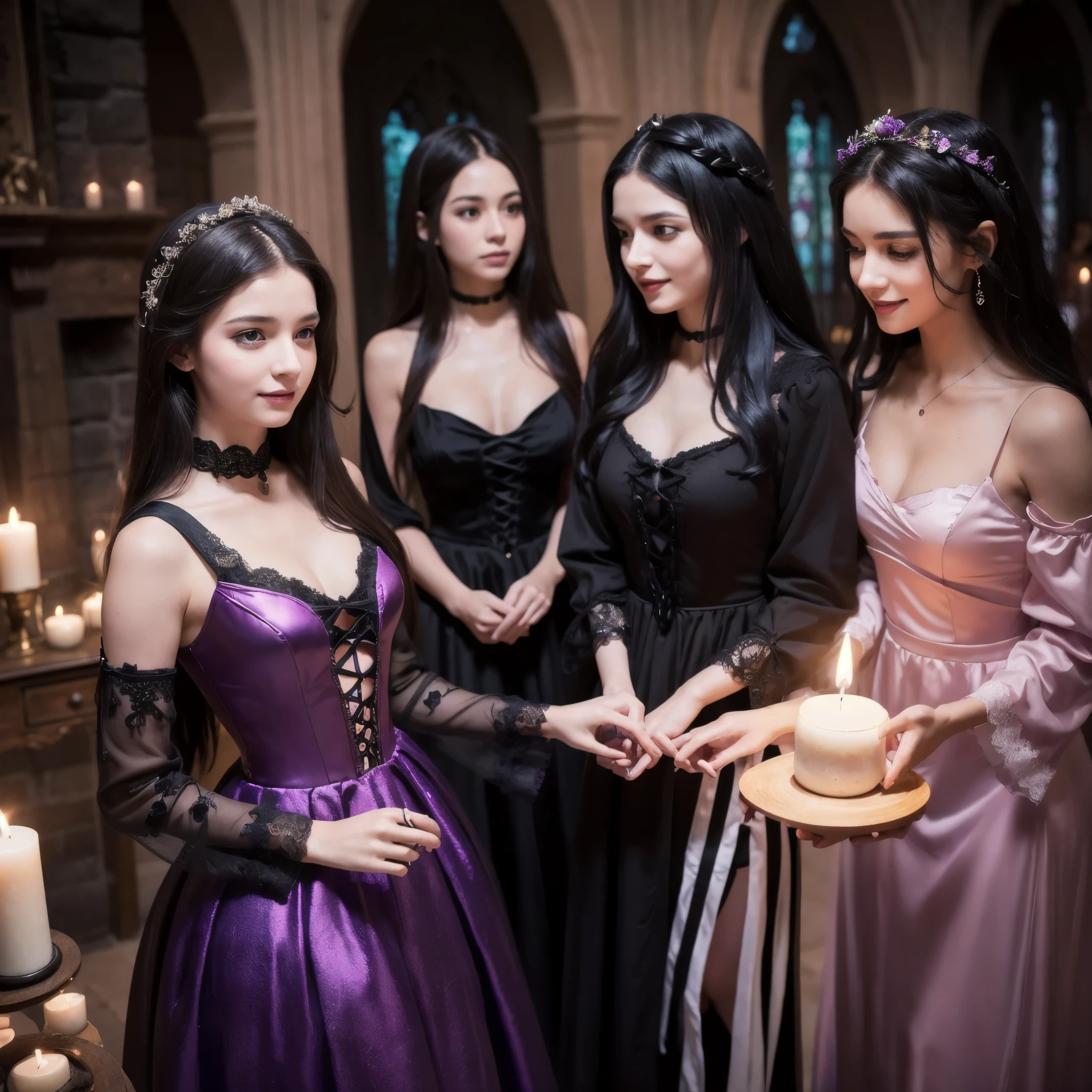 (best quality,4k,8k,highres,masterpiece:1.2),ultra-detailed,(realistic,photorealistic,photo-realistic:1.37), a teenage boy joins a witch coven and he’s given the gift of femininity, he gets magically transformed into a cute teenage witch girl, sex change ritual, pink eyes, long black hair, is happy, stunning black Victorian dress, gorgeous dress design,flowing gown,elaborate lace details,rich textures,contrast stitching,delicate ribbon bows,floral accents,full skirt,high neckline,long sleeves,fitted waistline,flared cuffs,lace-up back,luxurious fabrics,flawless silhouette,high heels,pointy hat, magical transformation, detailed facial features, glowing and vibrant pink eyes, flowing and glossy long black hair, happy and excited expression, joyful and radiant vibe, embrace her new identity has a maiden of witchcraft, eager to learn magic, surrounded by a mystical aura, spell books and potions in the background, inside an abandoned castle, moonlit night with a full moon shining above, soft and ethereal lighting, a group of friendly witches welcoming the new girl into the coven, joyful celebration and magical rituals, feminine and elegant movements, a cauldron overflowing with sparkles and magical essence, black and purple hues dominating the color palette, whimsical and enchanting atmosphere, breathtaking and bewitching nature, a sense of empowerment and self-discovery.