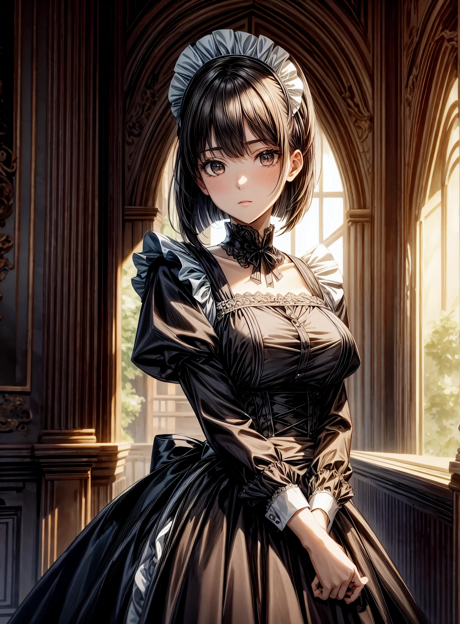 The scene unfolds with a -yeld gi enveloped in a gothic aura, rising majestically before the viewer. ((Her dark hair, cut in a bob style)), frames her pale face, while her dark brown eyes shine with an enigmatic intensity. She is clad in a ((maid uniform):1.3), a choice that amplifies her slender and gloomy figure, highlighting her singular presence. Her posture is firm, conveying an unwavering determination, as if challenging fate itself. ((Full_body):1.5)

The soft light highlights the details of her appearance, revealing every shadow and contour. Every line of her uniform is sharp, every fold captured in ultra-realistic detail. She is positioned in full body, in an anime style that adds a layer of artistic expression to her image. Every feature of her face is precisely delineated, conveying subtle and complex emotions that invite the viewer to delve deeper into her story.

The advanced technology of Unreal Engine 5 brings the scene to life, providing an unparalleled sense of immersion. Every texture is rich in detail, every shadow and reflection contributing to the immersive atmosphere. The visual quality is unmatched, with a 16K resolution that elevates the experience to new levels of realism. Every pixel is loaded with intensity, capturing the essence of the young gothic girl in all her dark glory.

Her dynamic and confident pose conveys a sense of power and mystery, as she gazes at the viewer with a penetrating gaze. Her hands are perfectly rendered, her fingers delicately sculpted in a representation of impeccable technical skill. She is a digital masterpiece, a fusion of beauty and darkness that captivates and fascinates.

In this masterful representation, the 16-year-o go girl stands out as a symbol of individuality and authenticity. Her presence fills the screen with captivating energy, inviting the viewer to lose themselves in her world of mystery and intrigue. 