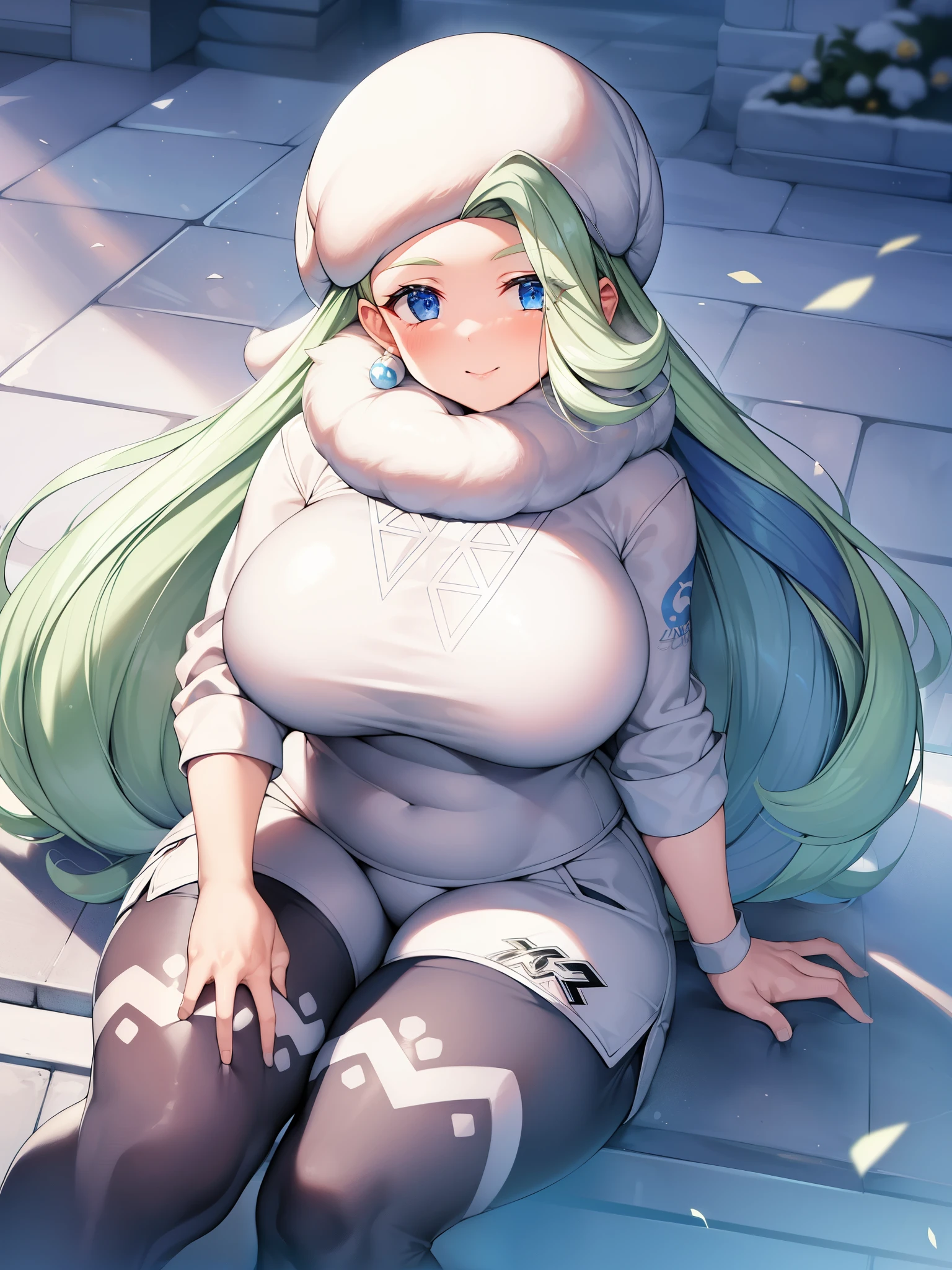 highest quality、masterpiece、High resolution、Pokémon、melon、Features voluminous silver hair with light blue mesh。 A uniform with a white-based design, typical of a snowy region, with a white collar and hat.、wearing earrings。 The uniform worn by female gym trainers is knee-high socks and sneakers.、melonはタイツと白いロングブーツになっている。 Kirks Town Gym Leader、User of ice type Pokemon。The Ice、spartan guidance、「fecundity」、When releasing Kyodai Max(Among the gym leaders)Only she has a heart effect added.。long hair、blue eyes、big breasts、Stimulation、(Plump、Plump:1.3)、white cast、Fur hats、mature woman、wide hips、round face、big butt、big butt、thighs、pantyhose、long hair、shorts、white footwear、shortsの下のレッグウェア、white hat、Fur hat、mature woman、white sweater、long sleeve、white scarf、