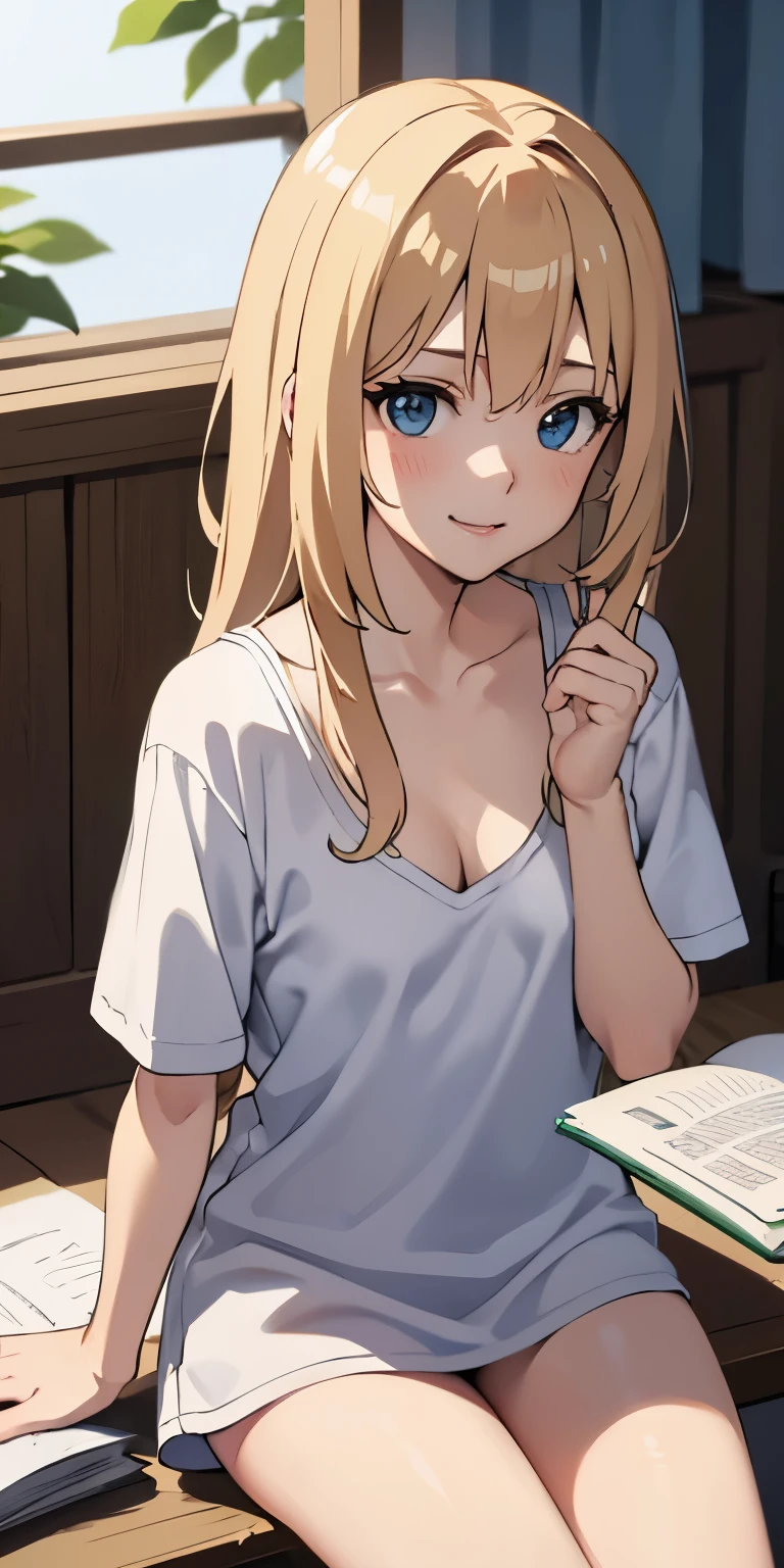 (Best-Quality, 8K, 12), 1 girl, anime girl, blonde hair, the perfect body, ultra detail face, detailed lips, (((very small ))), blue eyes, cleavage, looking at viewer, lewd smile, t-shirt, no pants, small breasts, sitting on desk, knees apart, dramatic lighting, bedroom, books, messy floor, thighs,, hands on waist, close up, nighttime