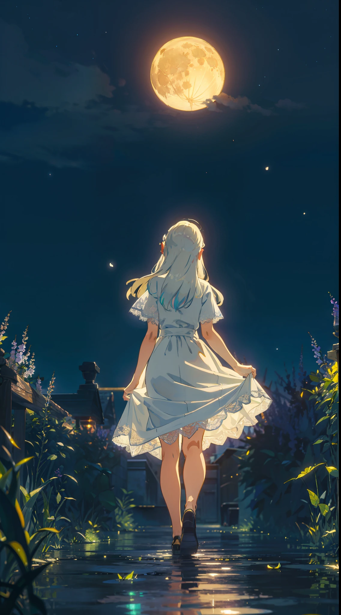 Open landscape , Landscape , Panoramic shot , (Looking up and down) , Girl in flower garden looking up , (Full moon: 1. 2) , (Shooting star: 0. 9) , (Nebula: 1. 3) , Starry sky , White flower garden , Shining flower garden , Fantastic flower garden , Trees , (Warm light source: 1. 2), (Firefly: 1. 2), lamp 3), Starry sky, White flower garden, (Warm Light Source: 1. 2), (Firefly: 1. 2), Lamp, Orange and Blue fine detail, (Masterpiece: 1. 2), (Top Quality), 4k, Ultra-fine detail, (Dynamic Composite: 1. 2), (Top Quality), Lamp, Orange and Blue voluminous lighting Main Fine Detail BREAK ((Masterpiece: 1.2), (Top Quality), 4k, Ultra Fine Detail, (Dynamic Composition: 1.4), Very Fine Detail, Colorful Detail, (Iridescent: 1. 2), (Luminous Lighting, Ambient Lighting), Dreamlike ( Ambient Lighting), Dreamlike, Fantastic, (Solo: 1.2), Glitter, Glitter, Petals Dancing, Light Dancing, White Hair, Beautiful Hair, Long Hair, Hair Dancing, Back View, Puddle, Soap Bubble, Pose, Long Skirt, Solid White Dress, Lace Short Sleeved Dress