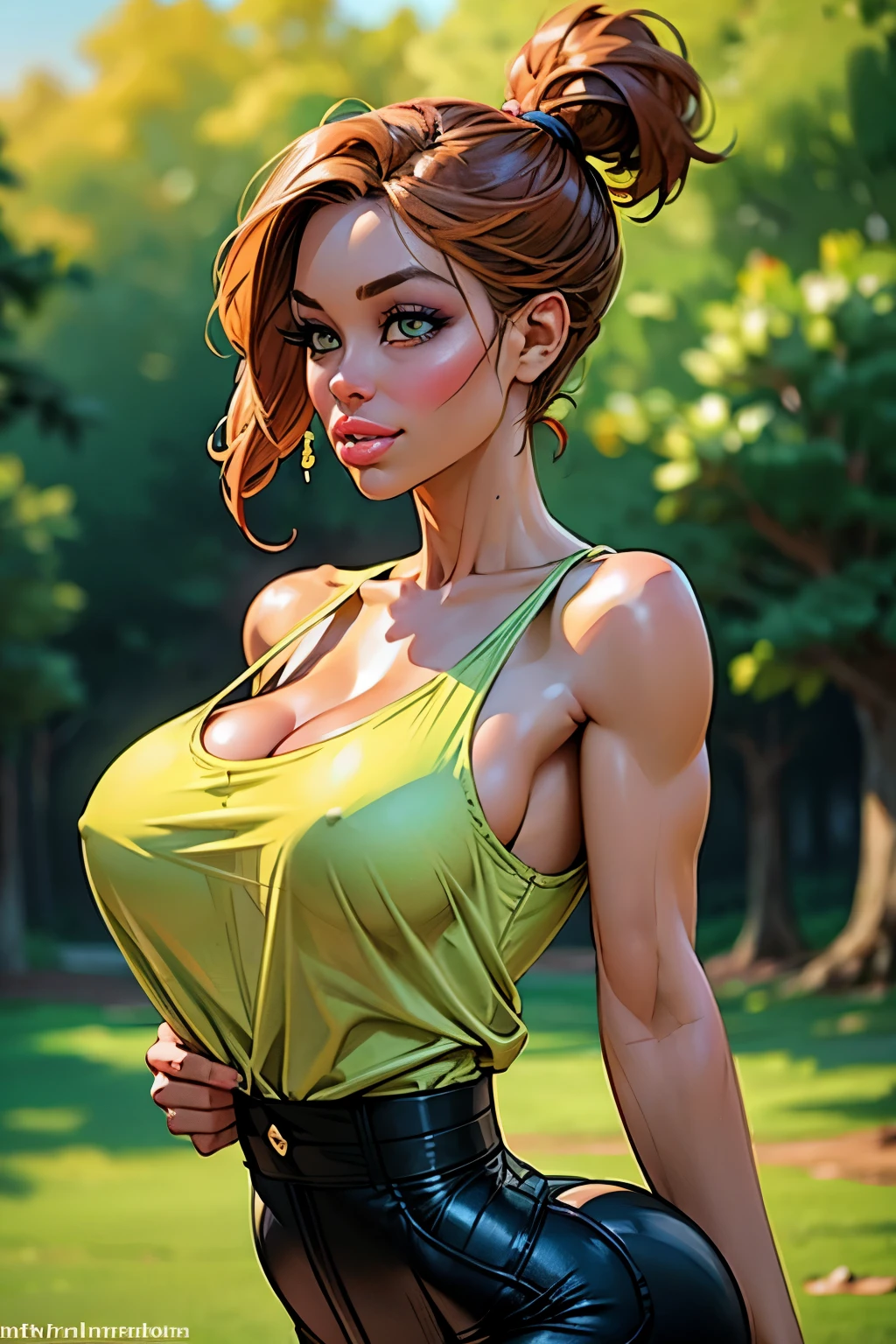 (best quality,4k,8k,highres,masterpiece:1.2),ultra-detailed,(realistic,photorealistic,photo-realistic:1.37),HDR,UHD, ((misty)), character, studio lighting,ultra-fine painting,sharp focus,physically-based rendering,extreme detail description,professional,(orange hair), (gigantic breasts), side short ponytail, ((red suspenders)), ((yellow tank top)), short blue shorts, vivid colors,bokeh,portraits,soft colors,warm lighting,glowing skin,delicate features,expressive eyes,sensual lips,flawless complexion,subtle makeup,feminine posture,ethereal atmosphere,dreamy summer vibes,golden hour lighting,flowing dress,gentle breeze,warm sunlight,playful smile,graceful movement,seamless integration between subject and background,subtle texture,filmic aesthetic,romantic mood,elaborate hairstyles,graceful gestures,curve-hugging outfit,vibrant color palette,soft focus,romantic ambiance,lush greenery,stone architecture,beautifully adorned columns,timeless setting.