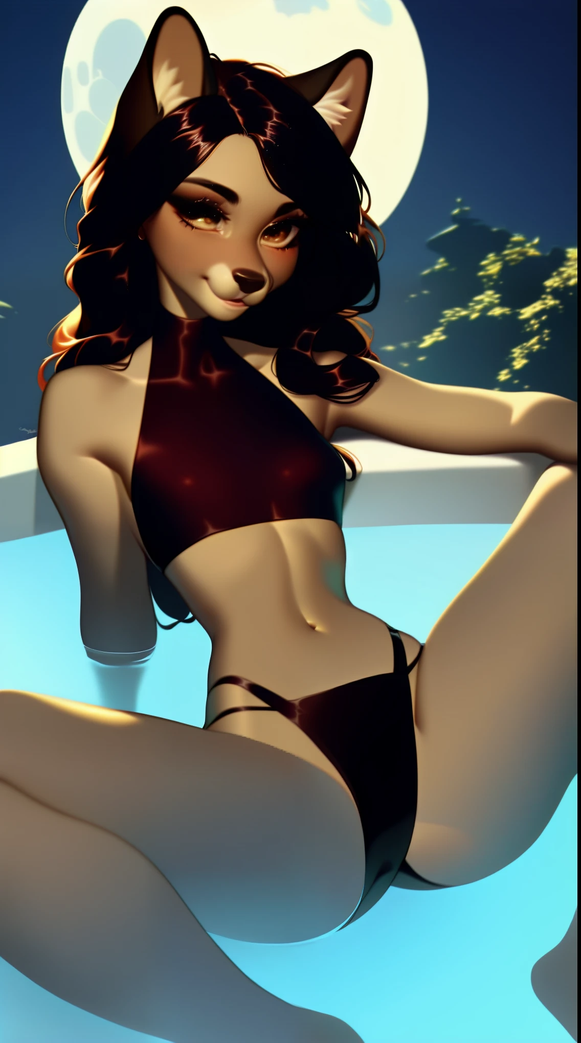 (score_9), (source_ derpibooru_p_95),m, ((cute anthro canine :1.1)), (halter top bikini), blushing, young teenager, innocent look, solo, long dark hair, anatomically correct, flat chest , high res, extremely detailed, adorable, ribs, hip bones, sit on the edge of a hot tub, 1girl, absurd resolution, moonlight, nighttime, cute nose, cute snout, realistic hair, fluffy ears, skinny waist, spread legs, 