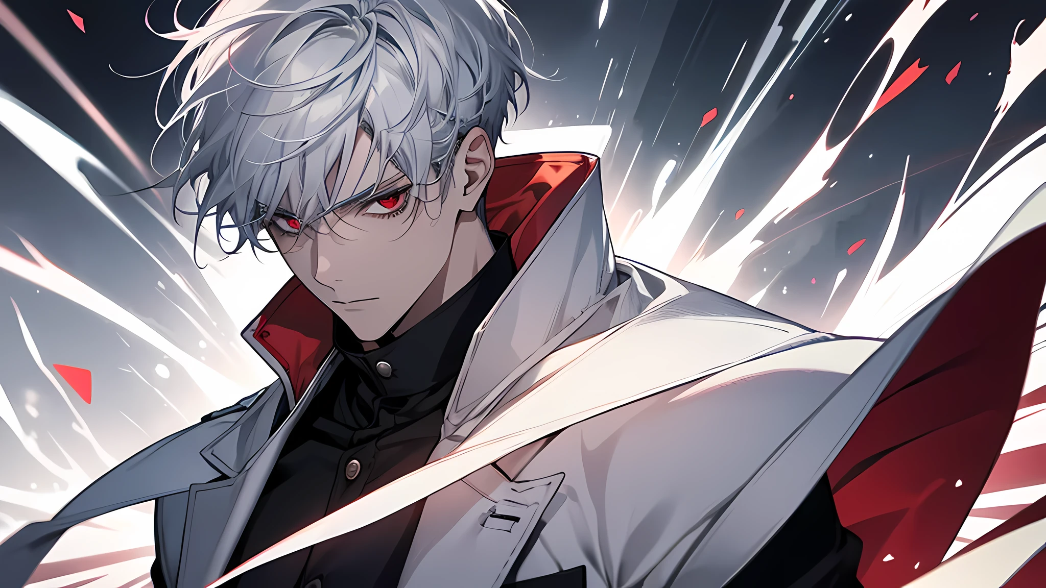 Red Eyes,white hair,Red bristles,male in his 20s, With short hair, A tall man, beautiful male,white hair, he has dark grey hairs, perfect face, perfect eyes, detailed face, A male student with silver hair and red eyes exuded bluish energy, It was a dramatic shift in the atmosphere, like flipping your palm. The surrounding air appeared to be freezing cold And it was an impressive blow. Ice Explosion, a 5-star Ice Attribute magic.