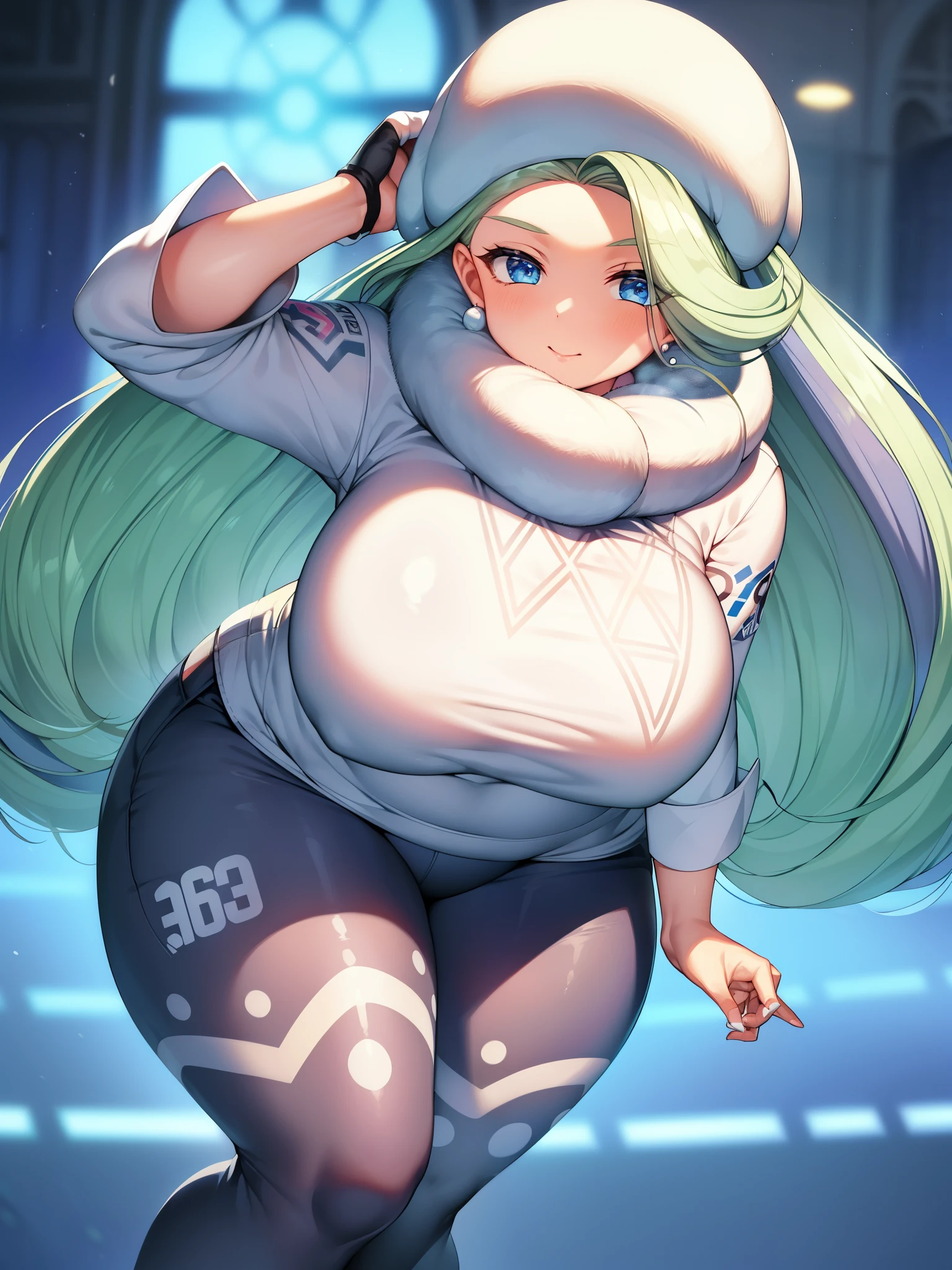highest quality、masterpiece、High resolution、Pokémon、melon、Features voluminous silver hair with light blue mesh。 A uniform with a white-based design, typical of a snowy region, with a white collar and hat.、wearing earrings。 The uniform worn by female gym trainers is knee-high socks and sneakers.、melonはタイツと白いロングブーツになっている。 Kirks Town Gym Leader、User of ice type Pokemon。The Ice、spartan guidance、「fecundity」、When releasing Kyodai Max(Among the gym leaders)Only she has a heart effect added.。long hair、blue eyes、big breasts、Stimulation、(Plump、Plump:1.3)、white cast、Fur hats、mature woman、wide hips、round face、big butt、big butt、thighs、pantyhose、long hair、shorts、white footwear、shortsの下のレッグウェア、white hat、Fur hat、mature woman、white sweater、long sleeve、white scarf、