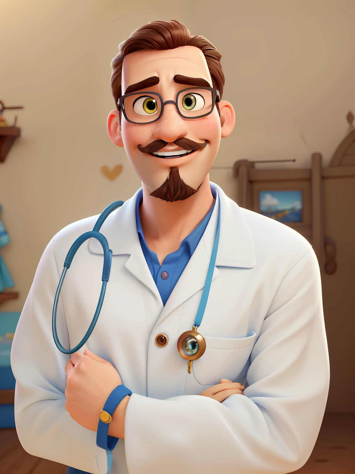 (disney pixar style),beautiful detailed eyes,realistic mustache and beard,high quality,ultra-detailed,brown eyes,lean facial structure,expressive smile,sparkling teeth,mischievous look,golden sunlight,playful atmosphere,lively colors,vibrant and energetic background,lovely and enchanting scenery,cute and interesting characters,dynamic and lively poses,endearing facial expressions,expressive gestures,cartoonish and whimsical art style,sharp and crisp details,rich and vibrant colors,soft and smooth shading,impressive light and shadow effects,immersive and captivating storytelling,immaculate attention to detail,endless imagination and creativity,elevated level of artistry,heartwarming and nostalgic emotions,happiness and joy radiating from the artwork,masterpiece-level illustration and animation,brilliantly captured emotions and personalities,magical moments frozen in time,memorable and iconic visuals, estetoscópio ao redor do pescoço, olhos marrons,