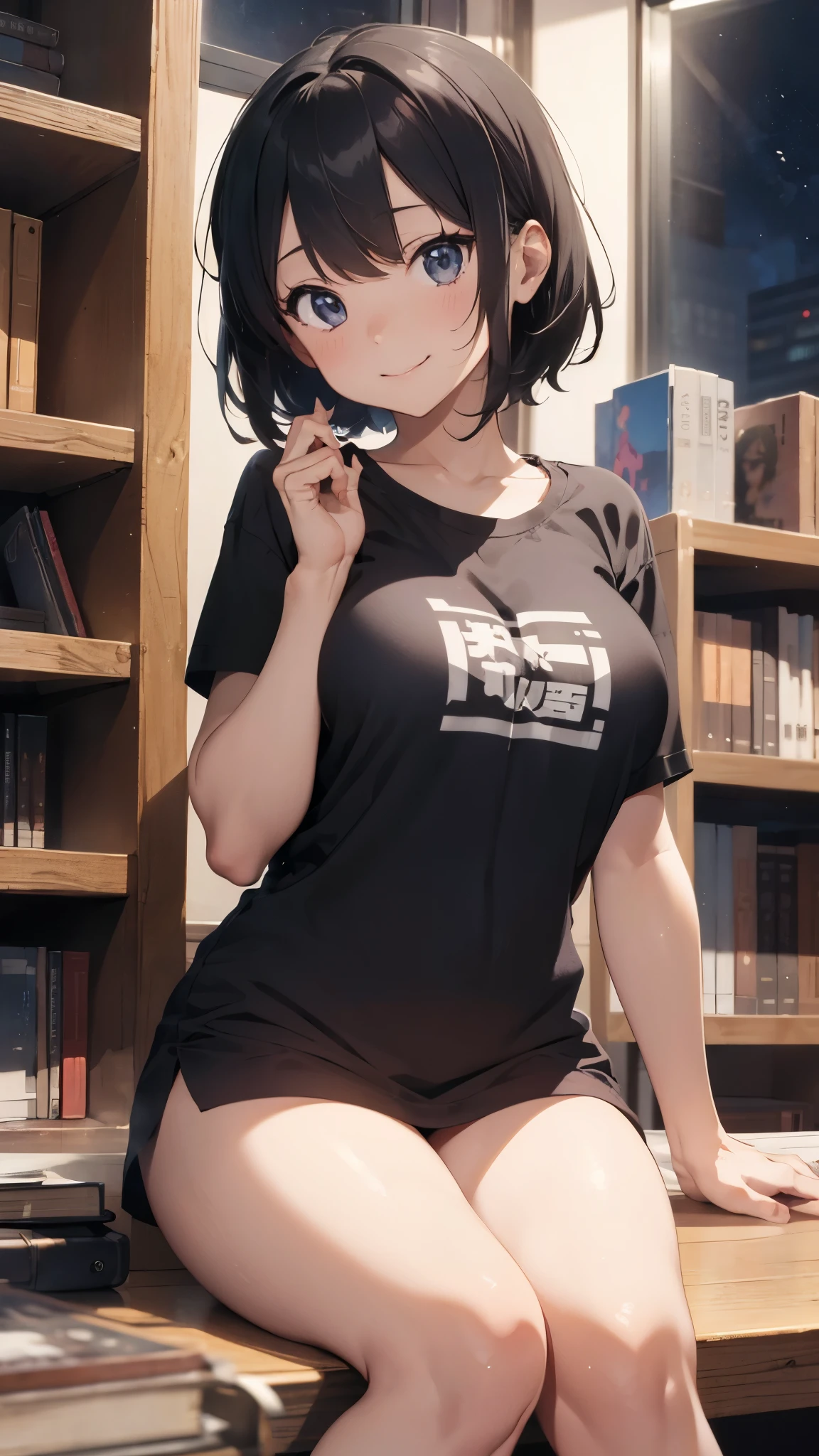 anime girl, sitting on desk, bookcases, t-shirt, no pants, short black hair, seductive smile, 18 years old, large breasts, nighttime, dramatic lighting