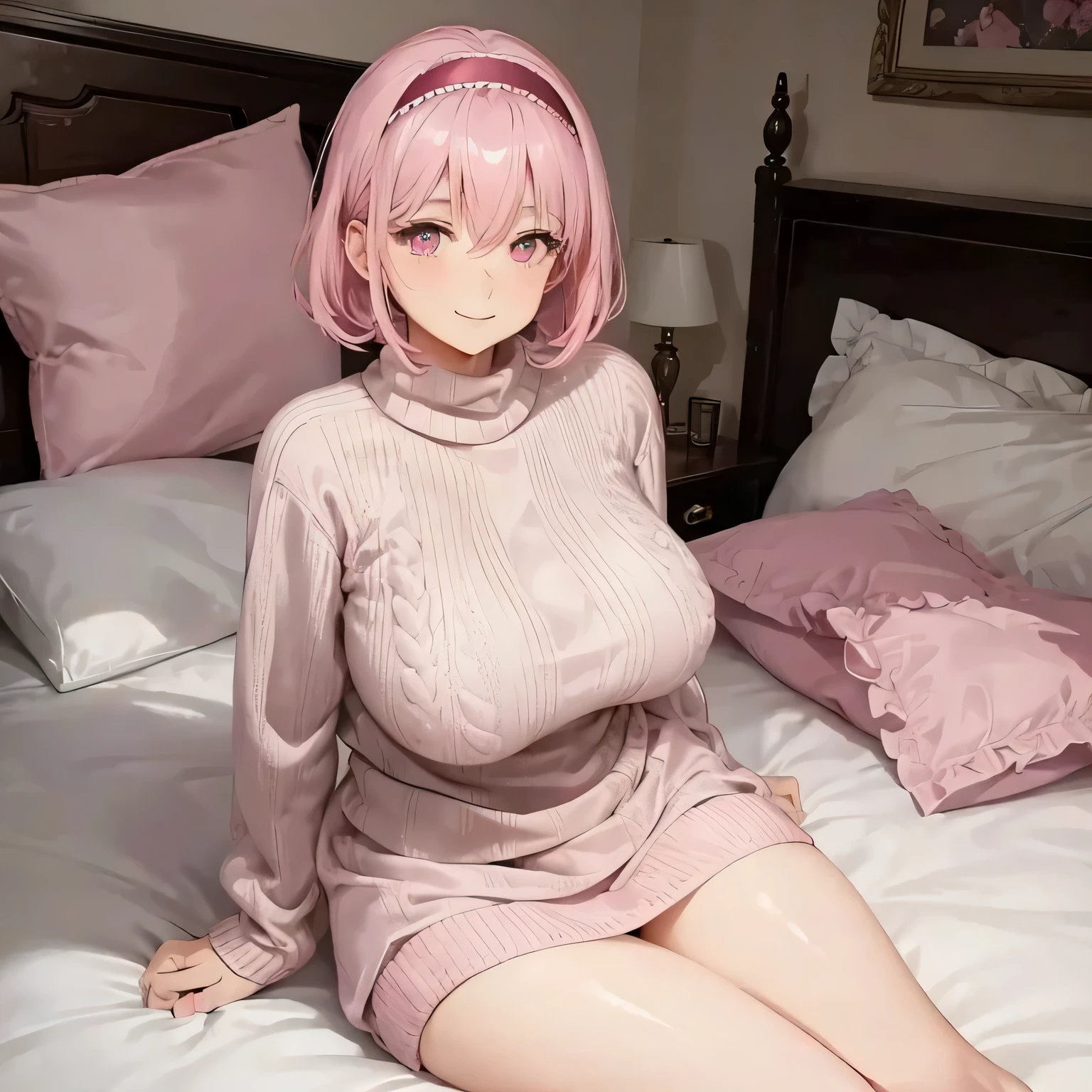 1 person 20 years old female　glamorous　big breasts　pink hair color　head band　tight sweater　mini skirt　on the bed　pink eyes　smile gently