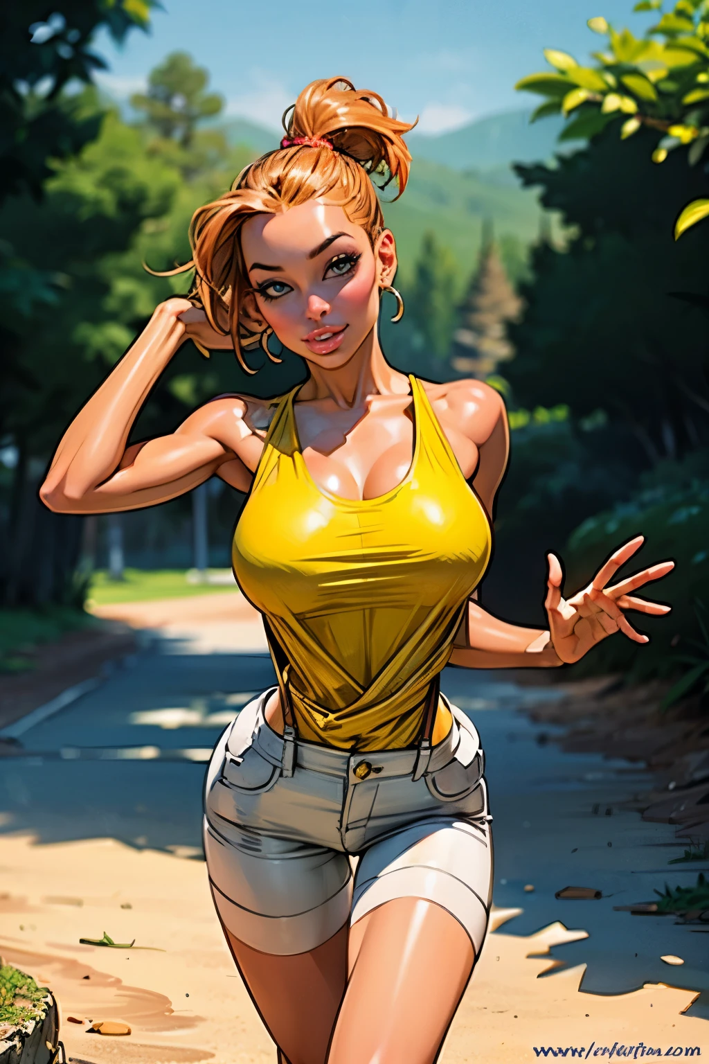 (best quality,4k,8k,highres,masterpiece:1.2),ultra-detailed,(realistic,photorealistic,photo-realistic:1.37),HDR,UHD, ((misty)), character, studio lighting,ultra-fine painting,sharp focus,physically-based rendering,extreme detail description,professional,(orange hair), (gigantic breasts), side short ponytail, ((red suspenders)), ((yellow tank top)), short blue shorts, vivid colors,bokeh,portraits,soft colors,warm lighting,glowing skin,delicate features,expressive eyes,sensual lips,flawless complexion,subtle makeup,feminine posture,ethereal atmosphere,dreamy summer vibes,golden hour lighting,flowing dress,gentle breeze,warm sunlight,playful smile,graceful movement,seamless integration between subject and background,subtle texture,filmic aesthetic,romantic mood,elaborate hairstyles,graceful gestures,curve-hugging outfit,vibrant color palette,soft focus,romantic ambiance,lush greenery,stone architecture,beautifully adorned columns,timeless setting.