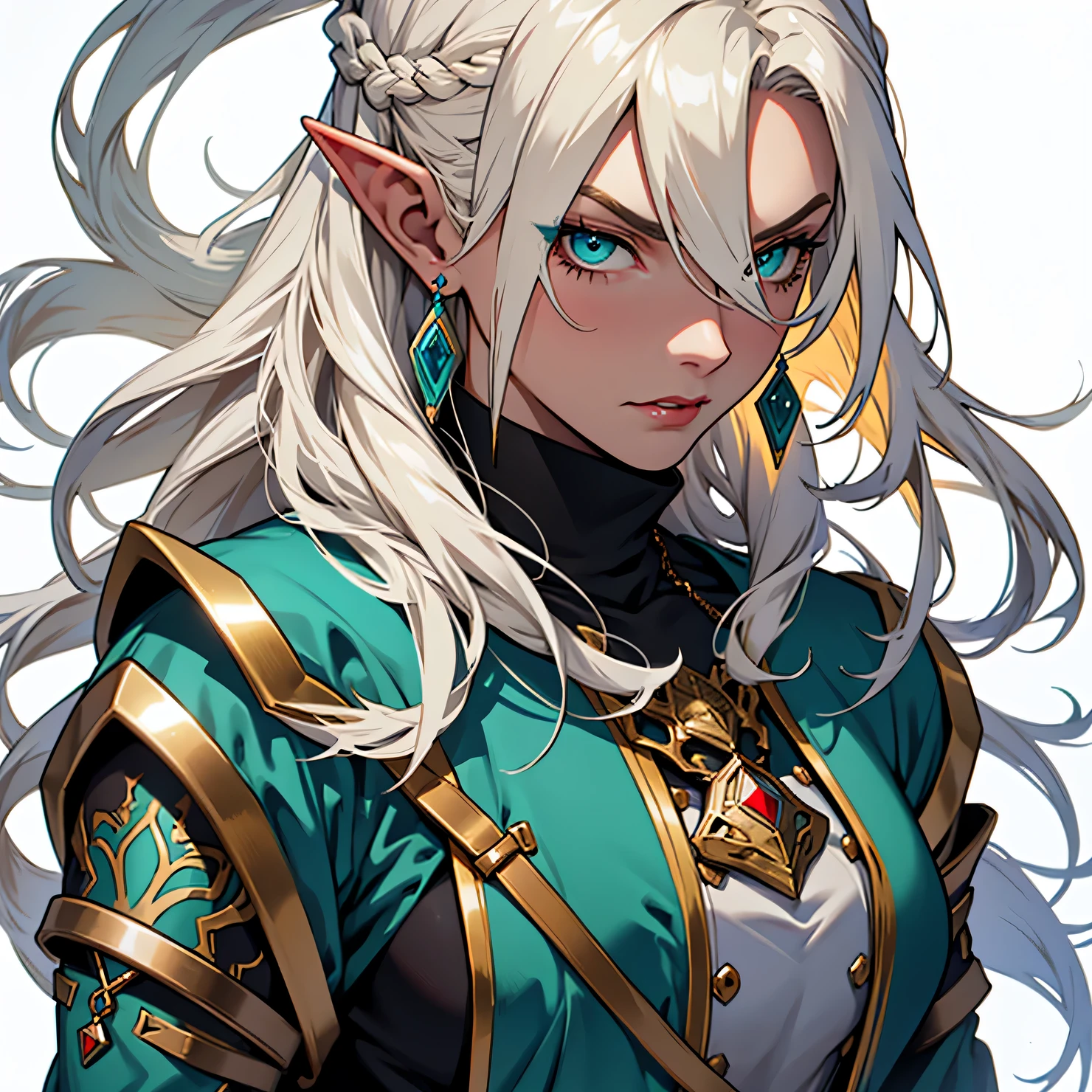 anime, masterpiece, best quality, by professional artist, 1lady, female, solo, upper body portrait, detailed composition, detailed eyes, detailed hair, white background, elf, blonde and white hair,, teal eyes, medieval steel armor, mature, hair covering one eye, old age, angry face, royal armor, military, fur coat, red lipstick, earrings voluptuous