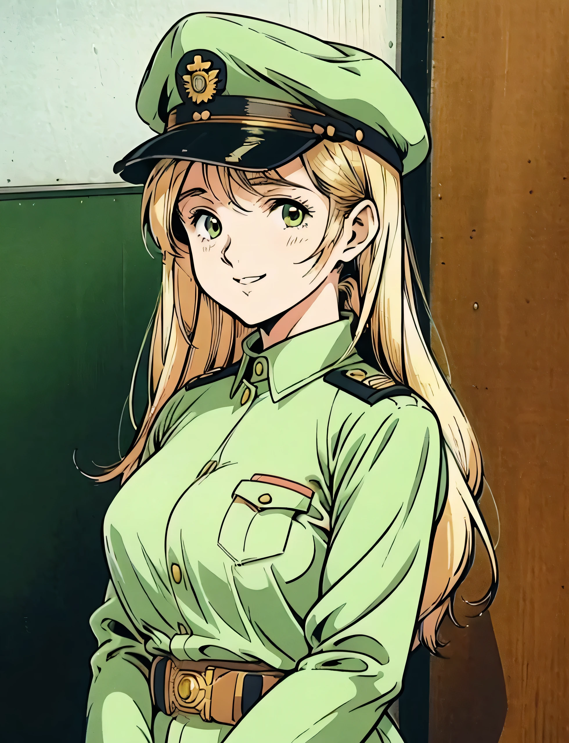 maximum quality,cabelo loiro longo, Garota, vintage dos anos 90, Seu estilo de anime, brilho labial, imagem de anime de uma mulher de uniforme verde, Wearing a military cap,soldier Garota,New Retro,olhos castanhos,nasty look, sorriso,nora,