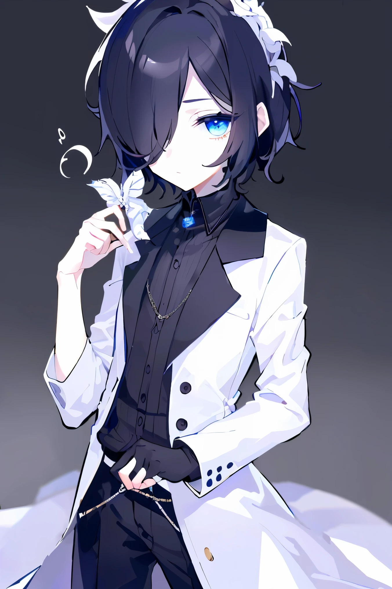 (highest quality、masterpiece:1.2) (((1 boy))) (suit) short hair、black hair,,、blue eyes、elegant、beautiful eyes、beautiful hair、smooth skin、((low length))((hair above one eye, one eye covered)) (introverted look)upper body visible(((cute face)))