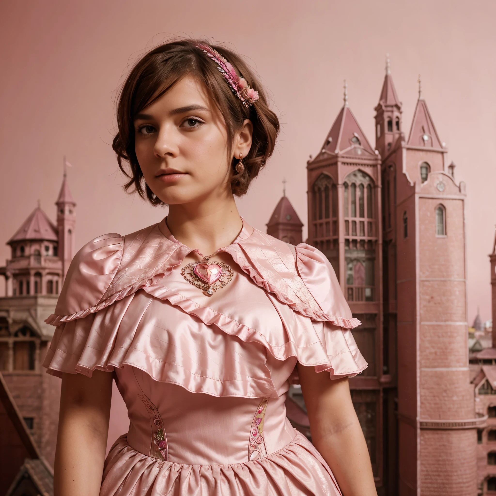 Woman with short brown hair in a pink dress on a pink background, feather style, futuristic victorian style, Stratification, collage-like, focus stacking, Layered forms, textured fabrics, oversized items.