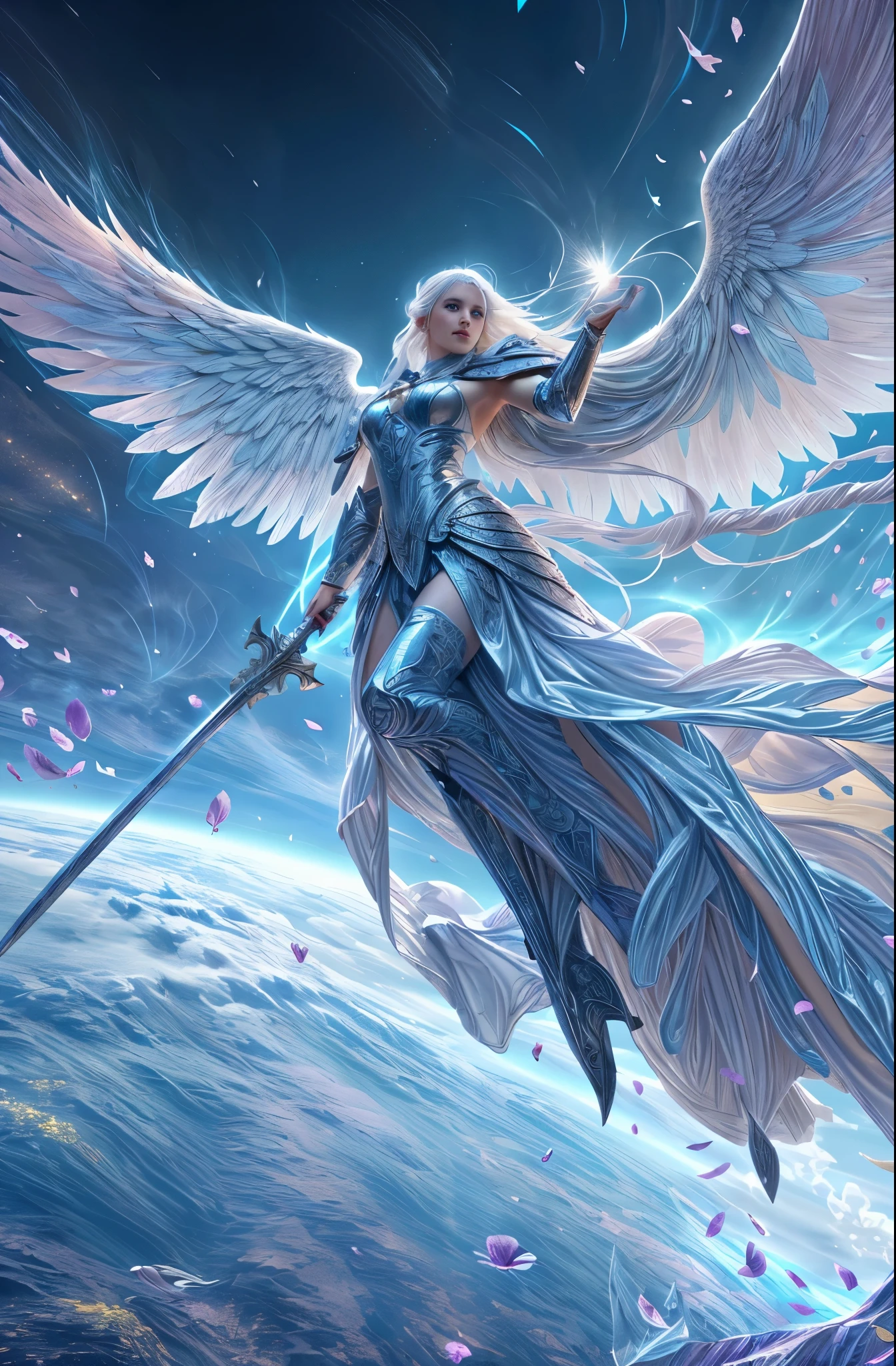 An elven angel with white hair and white wings, holding a sword above the sea, clad in shining armor of great detail, holding a long majestic sword, hyper realistic, (((UHD))), masterpiece, (((high details:1.5))), high quality, award winning, best quality, highres, (((perfect face)))