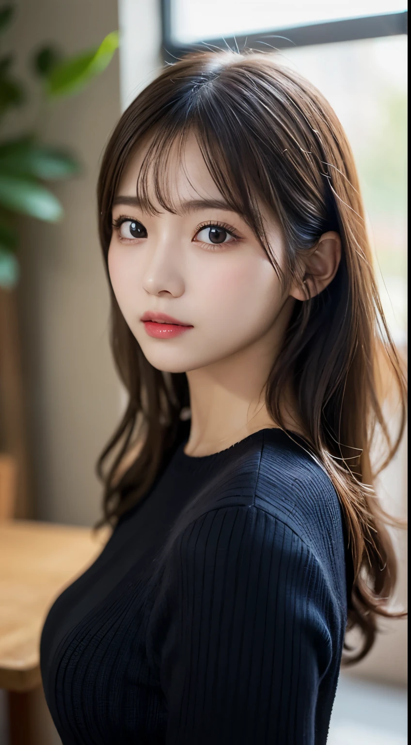 on the table, highest quality, figure, Super detailed, small details, High resolution, 8k wallpaper, 完璧なダイナミックな構figure, beautiful and delicate eyes, natural lips, long sleeve black knit dress, small breasts, 随意摆出Lovely姿势,Original photo,KPOP idol face,Lovely,close up of your face