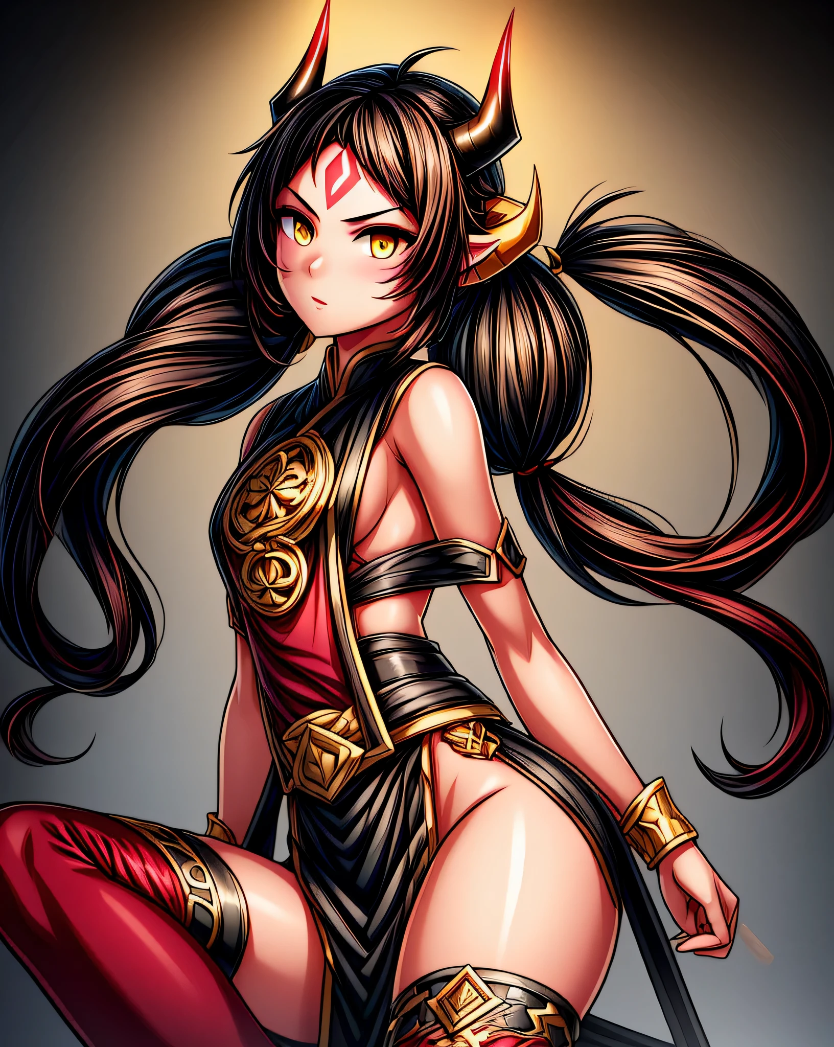 e7 ARavi, yellow eyes, red mark in forehead, black hair, (low twintails coming from under the ears) with yellow ribbons, small breasts, black small bull horns, (long red chinese tabard), black sorts, nothing under the tabard, naked under tabard, (masterpiece), best quality, highres, 4k, 8k, Detailed Illustration, intricate detail, cinematic lighting, amazing quality, 1girl, fit female, amazing shading, soft lighting, facing camera, perfect eyes,