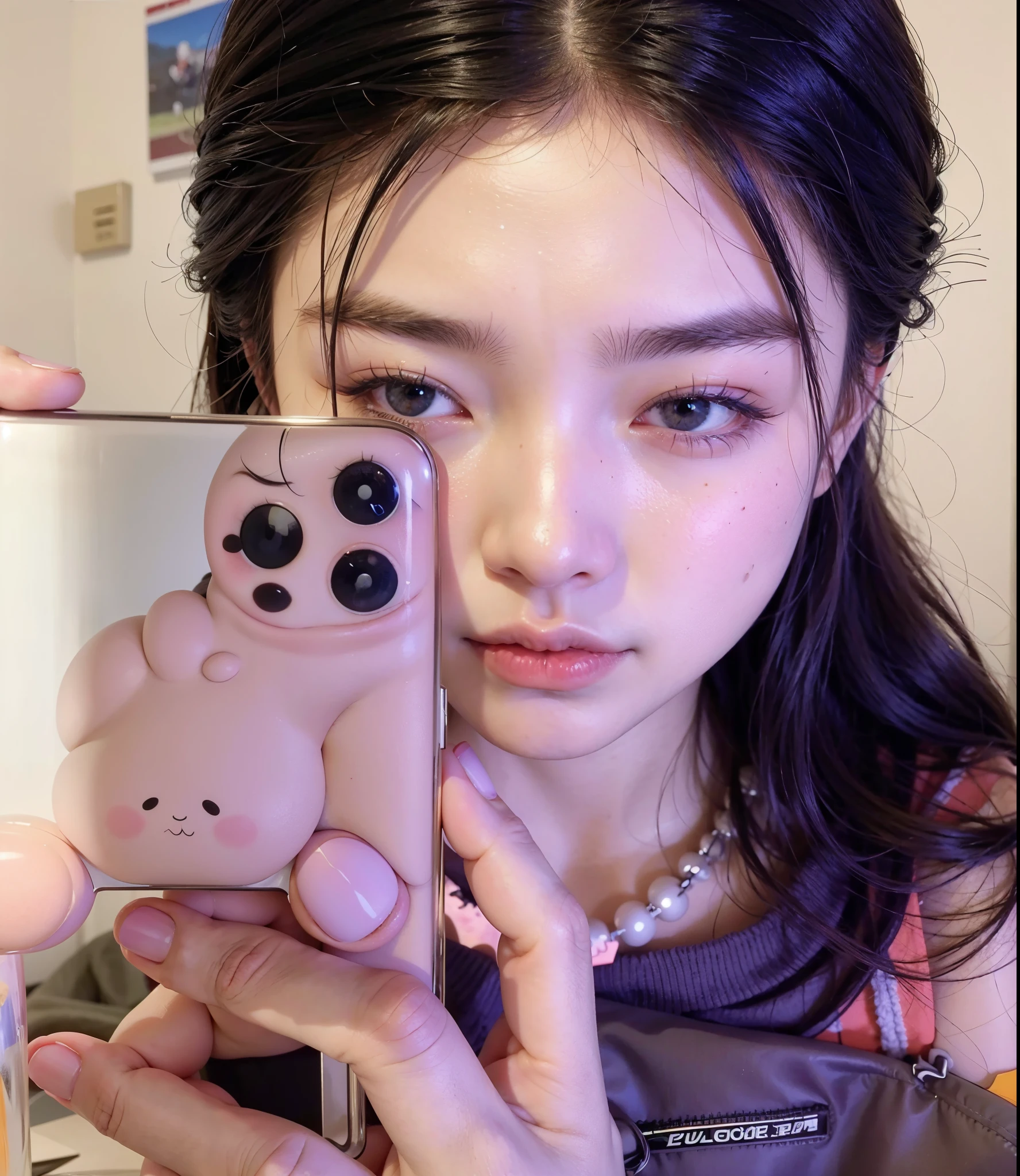 There is a woman taking a selfie with her phone, TaeJune Kim, ulzzang, heonhwa choe, obra de arte al estilo de guweiz, jaeyeon nam, autofoto iphone, guweiz, ahegao, cara de ahegao, parque roseanne de blackpink, gongbi, Jinyoung Shin, (((lucas chueh))), jennie rosa negro