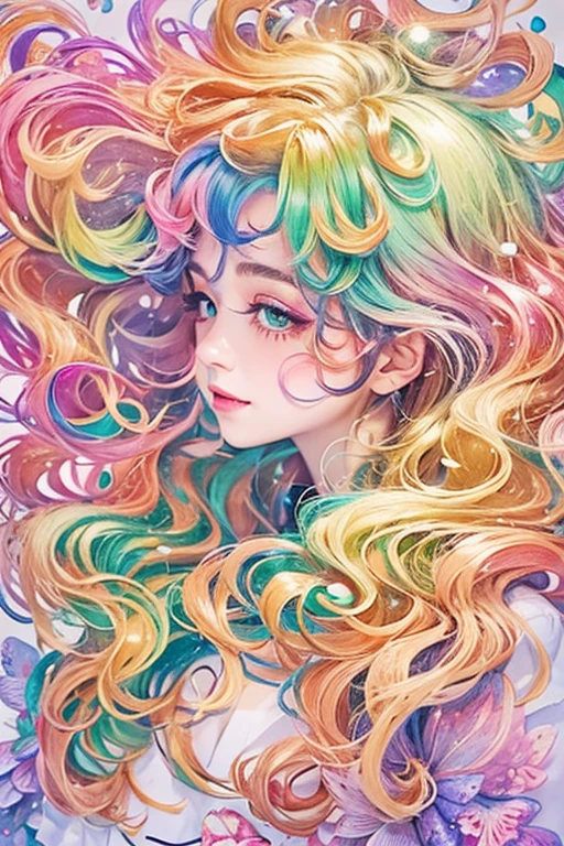 (masterpiece, highest quality, highest quality, watercolor (Moderate), official art, beautiful and aesthetic: 1.2), (1 girl: 1.3), (fractal art: 1.3), morning, Good morning, smile, sunny day, Hilarious, look viewer, pattern, Wave, (rainbow colored hair, colorful Hair: 1.2), null, gas, cloud, colorful, Soap bubble