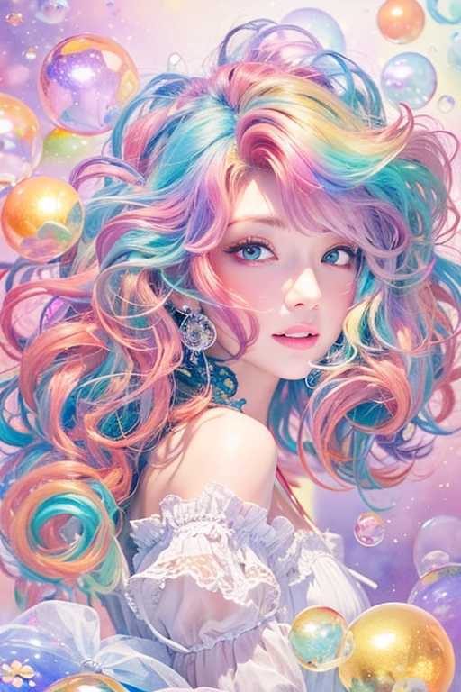 (masterpiece, highest quality, highest quality, watercolor (Moderate), official art, beautiful and aesthetic: 1.2), (1 girl: 1.3), (fractal art: 1.3), morning, Good morning, smile, sunny day, Hilarious, look viewer, pattern, Wave, (rainbow colored hair, colorful Hair: 1.2), null, gas, cloud, colorful, Soap bubble