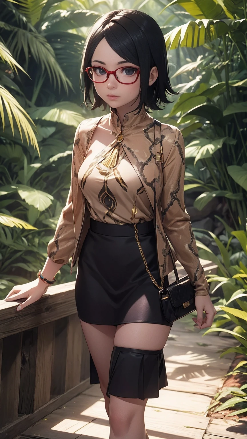 Sarada Uchiha with short hair, black eyes, wearing prescription glasses. She is wearing a Nude Skirt and Snake Print Blouse set, high heels and fine gold jewelry, she is paradin over in the Amazon rainforest