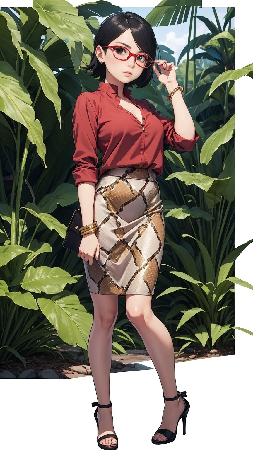 Sarada Uchiha with short hair, black eyes, wearing prescription glasses. She is wearing a Nude Skirt and Snake Print Blouse set, high heels and fine gold jewelry, she is paradin over in the Amazon rainforest