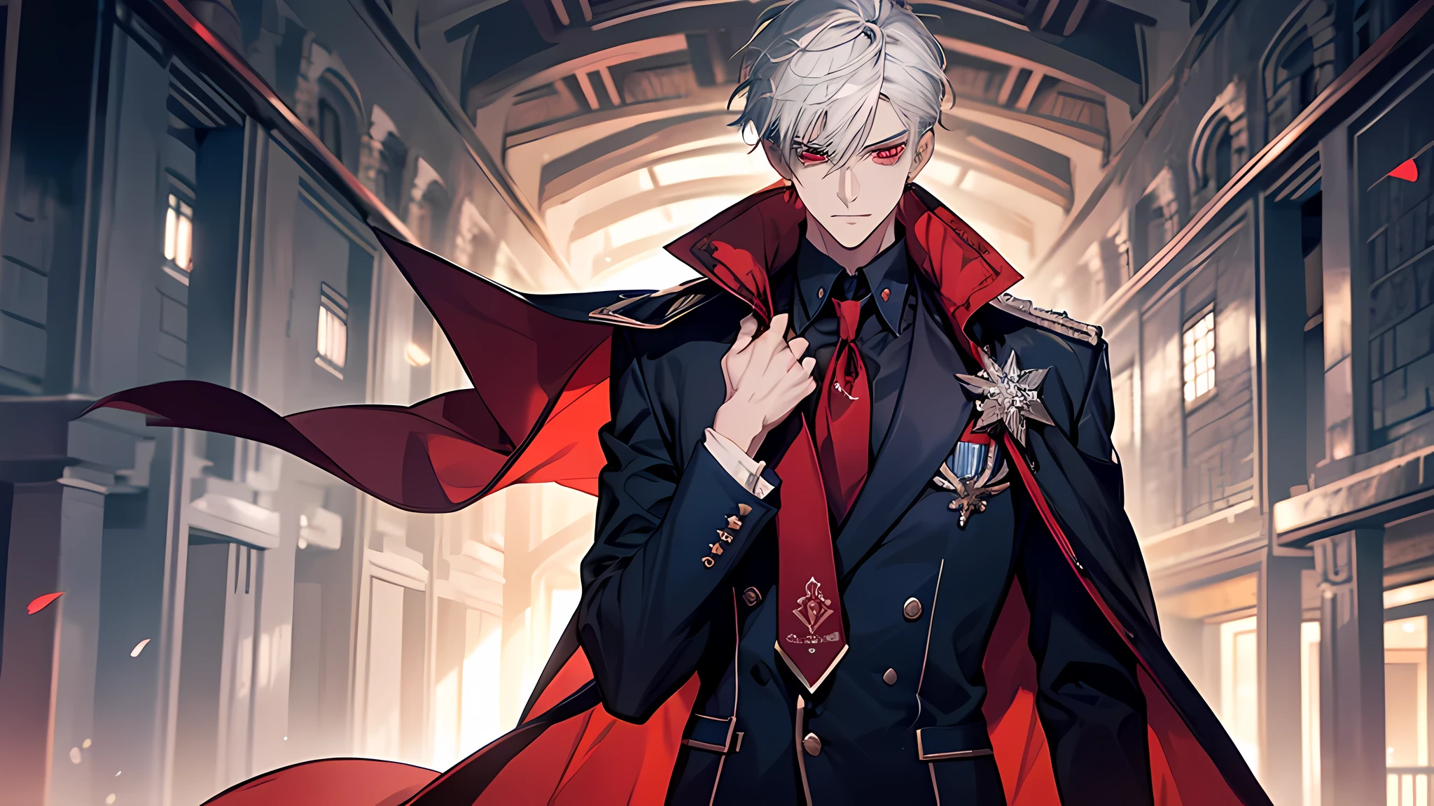 Red Eyes,white hair,Red bristles,male in his 20s, With short hair, A tall man, beautiful male,white hair, he has dark grey hairs, perfect face, perfect eyes, detailed face, A male student with silver hair and red eyes exuded bluish energym Dressed in a school uniform. A silver-rimmed navy blue cape shawl was draped over his shoulders, and a small brooch attached to his tie was scattering the red light that symbolised 