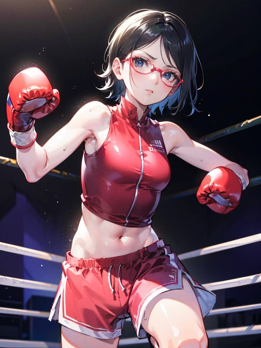 (Original, 1girl, solo, fitness), (very detailed wallpaper) , (best quality) , (work of art) ,struggling posture, artistic dedication, very detailed illustrations, (1 girl) , beautiful eyes, (Delicate Face) , perfect detail, (best lighting ), (super complex details), ((Alone, Sarada Uchiha, wearing glasses, short hair, serious facial expression, Staring, confident)), (aggressive punch) , sweat, Heavy breathing, (oppressive attack) , (Boxing ring ), athletic shorts, perfect detail, perfect fingers, perfect limbs, impact, (glowing skin), abdomen, fitness, muse, posing, photo shoot, artistic shoot, fascinating, charming, waist, boxing shorts, fight, black hair , short hair, short Black hair, 4k, black eyes, (magnificent,detailed: 1.2) , (8k: 1.2) , splendid,charming,invent,Small