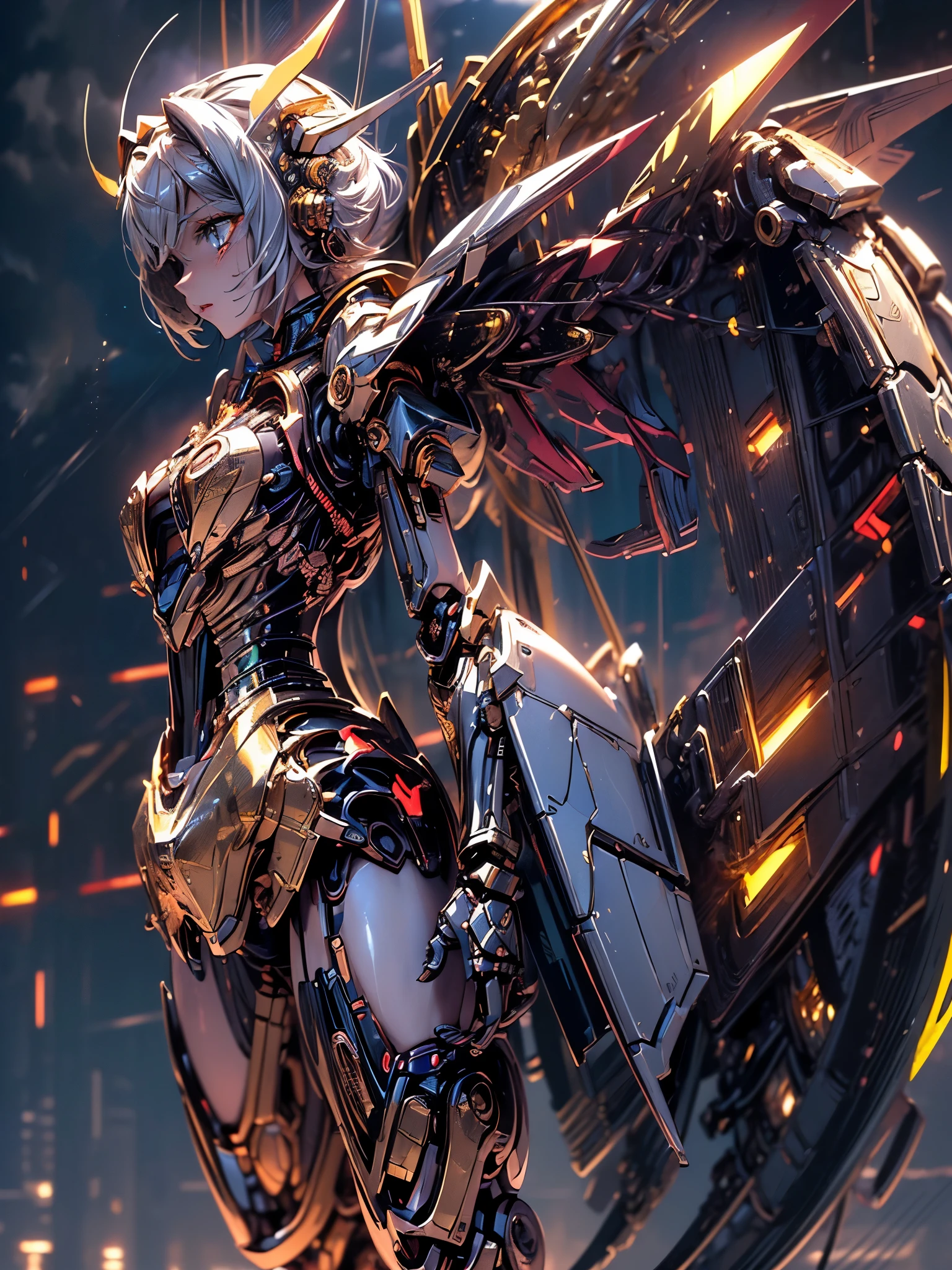 best image quality，excellent details，ultra high resolution，（fidelity：1.4），best illustrations，focus on details，daughter，Mecha wing，((bright daytime sky:1.8))，beauty of android、Silver-haired medium bob、19 years old、Neat and detailed facial features、beautiful girl、((Full mechanical armor based on gold:1.2))、(Glossy mechanical parts with wonderful realistic texture:1.3)(Bare skin of chest and thighs exposed:1.6)Hyaku-shi、Full gold metallic coloring、backpack unit、Equipped with a buster unit（Golden mechanical wings:1.4）Luminescent gold、Cyberpunk characters，(model pose:1.3)volume light、