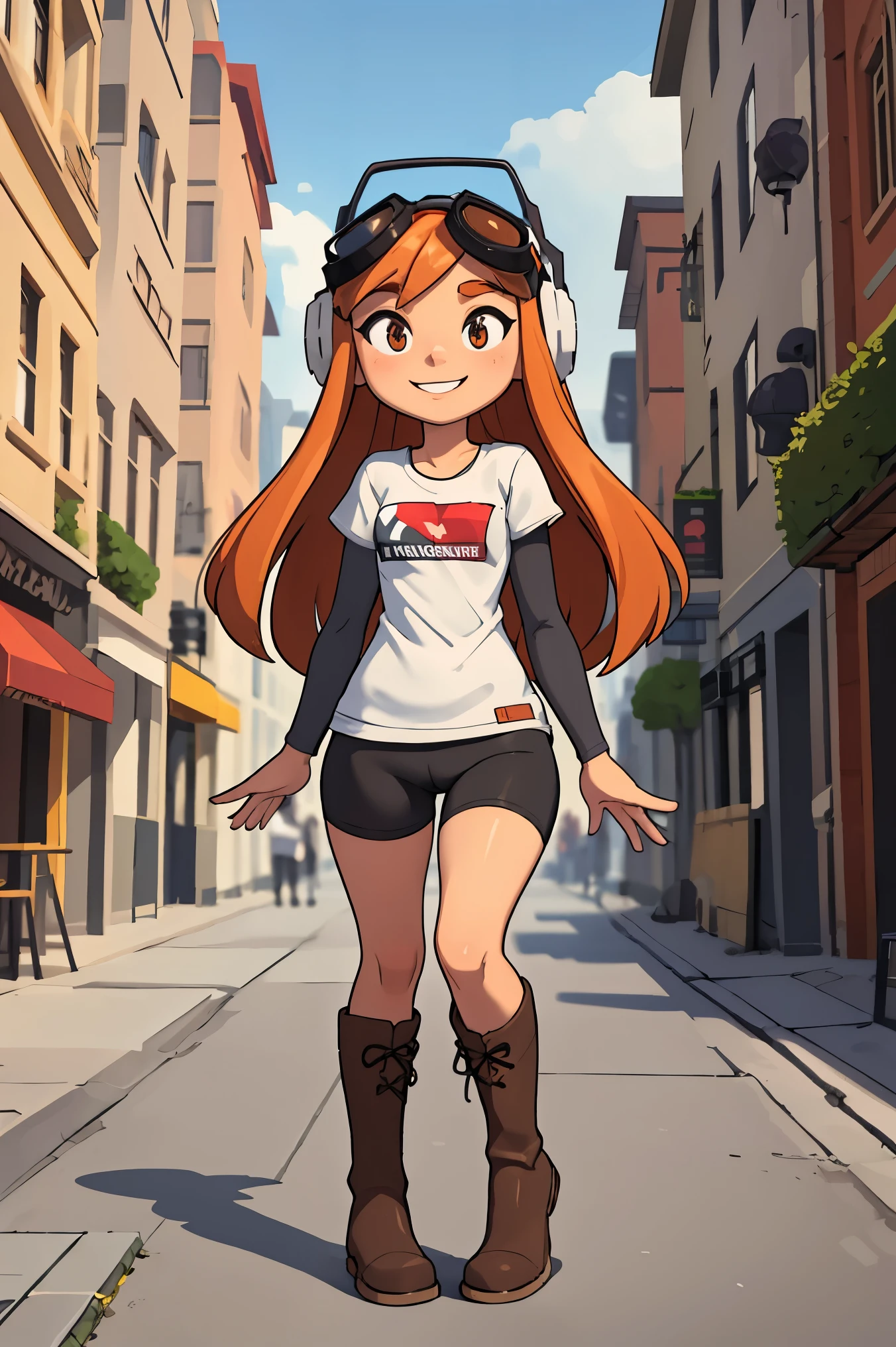 masterpiece, best quality, meggy, headphones, goggles on head, white shirt, layered sleeves, spandex shorts, brown boots, full body, looking at viewer, smile, city street, naked 