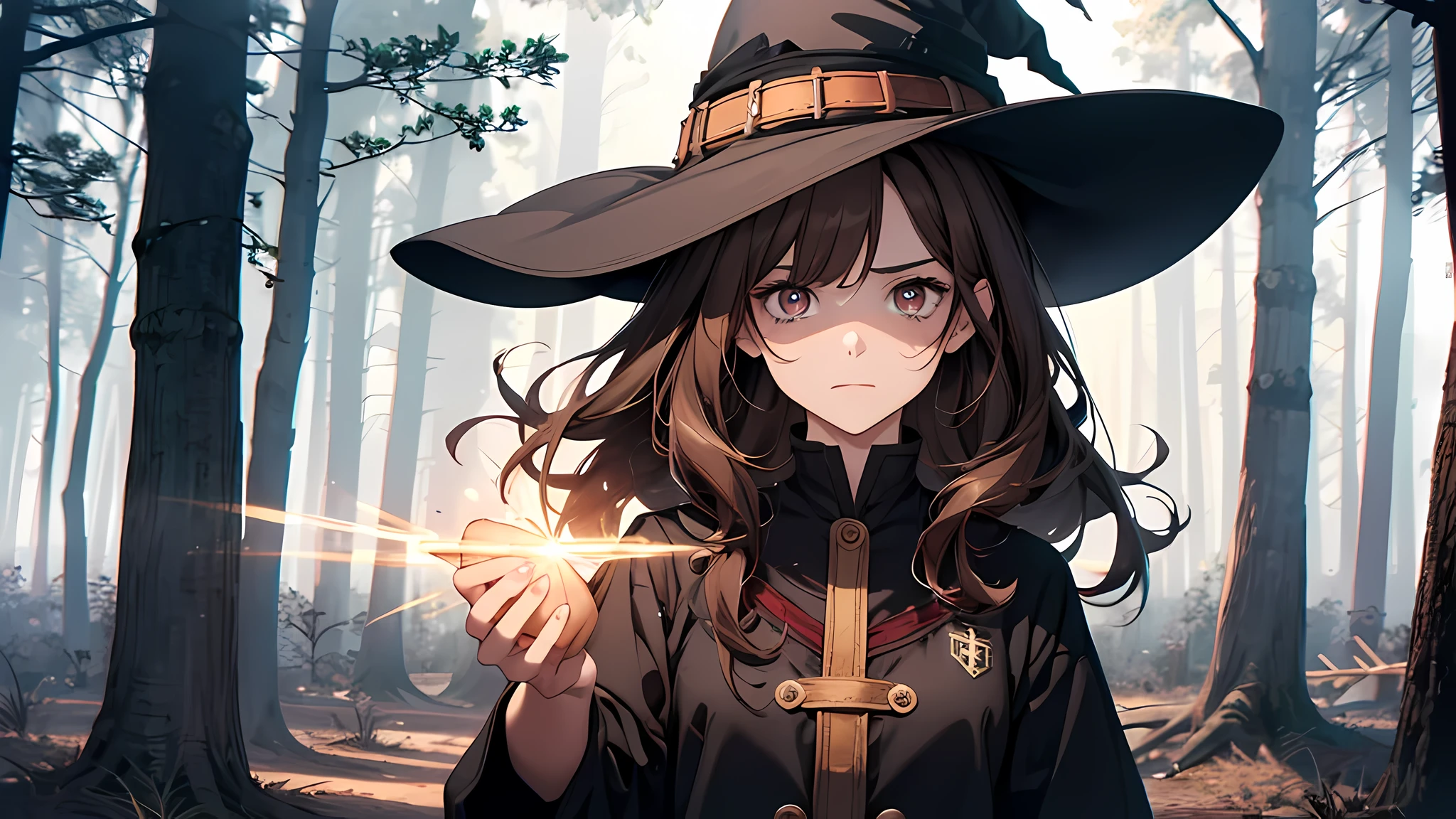 woman with brown hair, brown eyes, witch hat, with an expression of fear, surprise, tension, dread, background of burnt trees, witch girl, perfect face, perfect eyes, detailed eyes, wearing school uniform, The days when people around her supported her that she was born with magical talents passed by like a flash, a strong skepticism engulfed her
