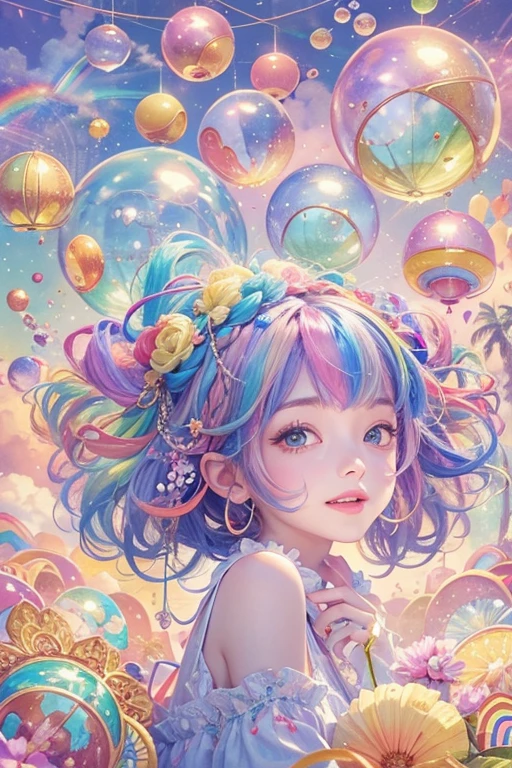 (masterpiece, highest quality, highest quality, watercolor (Moderate), official art, beautiful and aesthetic: 1.2), (1 girl: 1.3), (fractal art: 1.3), morning, Good morning, smile, sunny day, Hilarious, look viewer, pattern, Wave, (rainbow colored hair, colorful Hair: 1.2), null, gas, cloud, colorful, Soap bubble