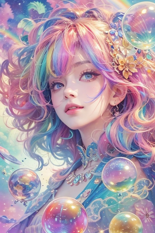 (masterpiece, highest quality, highest quality, watercolor (Moderate), official art, beautiful and aesthetic: 1.2), (1 girl: 1.3), (fractal art: 1.3), morning, Good morning, smile, sunny day, Hilarious, look viewer, pattern, Wave, (rainbow colored hair, colorful Hair: 1.2), null, gas, cloud, colorful, Soap bubble