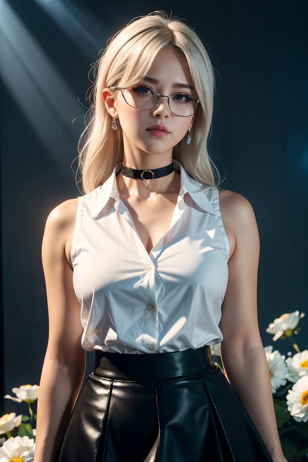 best quality, ultra high res, (photorealistic:1.4), 1woman, sleeveless white button shirt, black skirt, black choker, ((glasses)), (Kpop idol), (aegyo sal:1), (platinum blonde grey hair:1), ((puffy eyes)), looking at viewer, full body, flowers