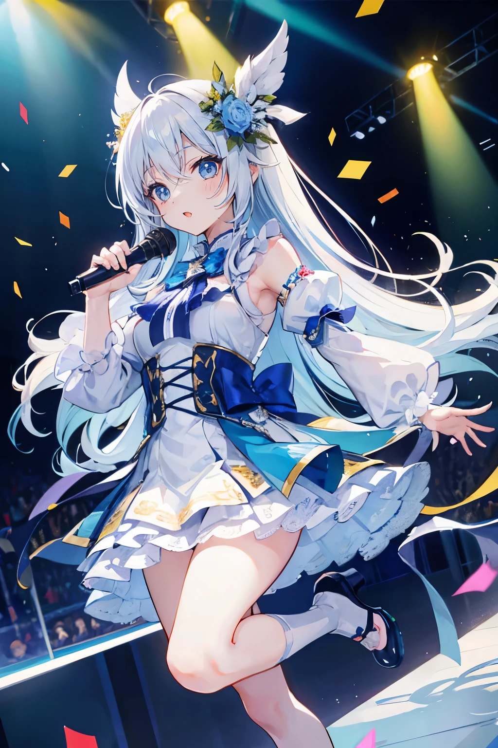 very detailed, ((1 girl)), solo focus，Low - Angle，dynamic，jump，((A big smile))，wink，perfect face, beautiful face, very detailedな顔，(white long hair_blue eyes:1.3)，idol costume，solo idol，ribbon hair ornament，concert dome，live，have a microphone，singing，smiling with mouth wide open，Laser Light，Spotlight，Lots of confetti