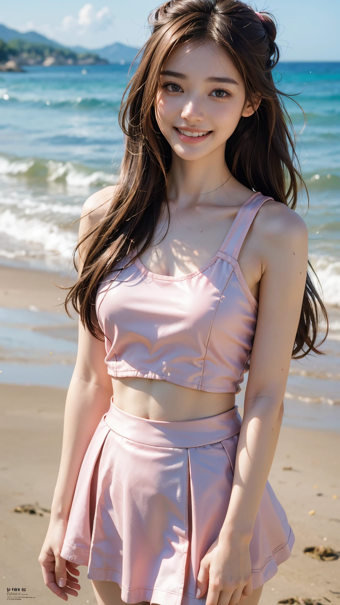 highest quality, masterpiece, ultra high resolution, (realistic:1.3), (close portrait) RAW photo, 1 girl, 22 years ago,(((pink mini skirt dress))),((brown hair long hair chignon)),along the coast,japanese pictures, fuji negative film,Pocari Sweat Advertisement ((Medium chest)),((smile showing teeth)),black hair,