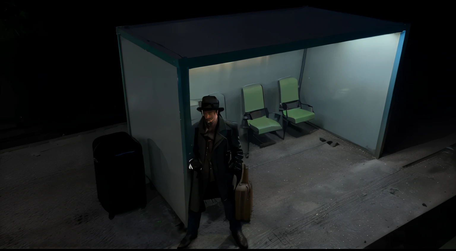 A small, green, 2-track train station at night, barely lit. a man in a black trench coat and fedora leans against the edge of the shelter with several suitcases, lit from the shelter's ceiling lights behind him.