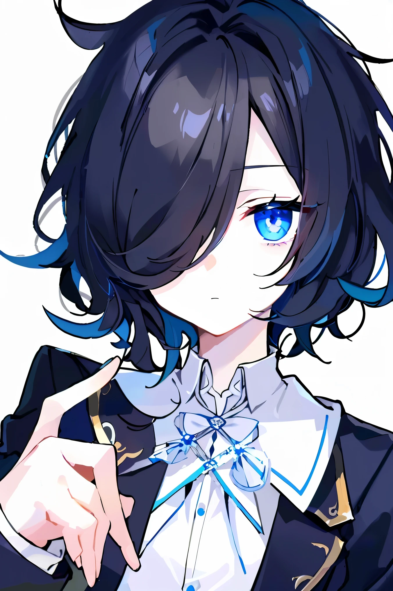 (highest quality、masterpiece:1.2) (((1 boy))) (suit) short hair、black hair,,、blue eyes、elegant、beautiful eyes、beautiful hair、smooth skin、((low length))((hair above one eye, one eye covered)) (introverted look)upper body visible(((cute face)))