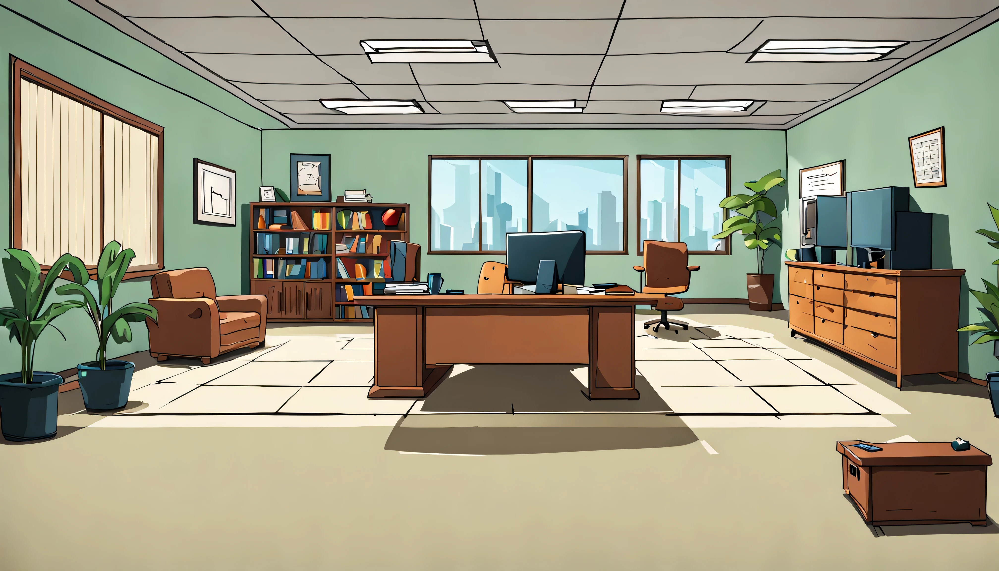 A cartoon empty Big Office, THE FAMILY GUY style, minimalist, best quality