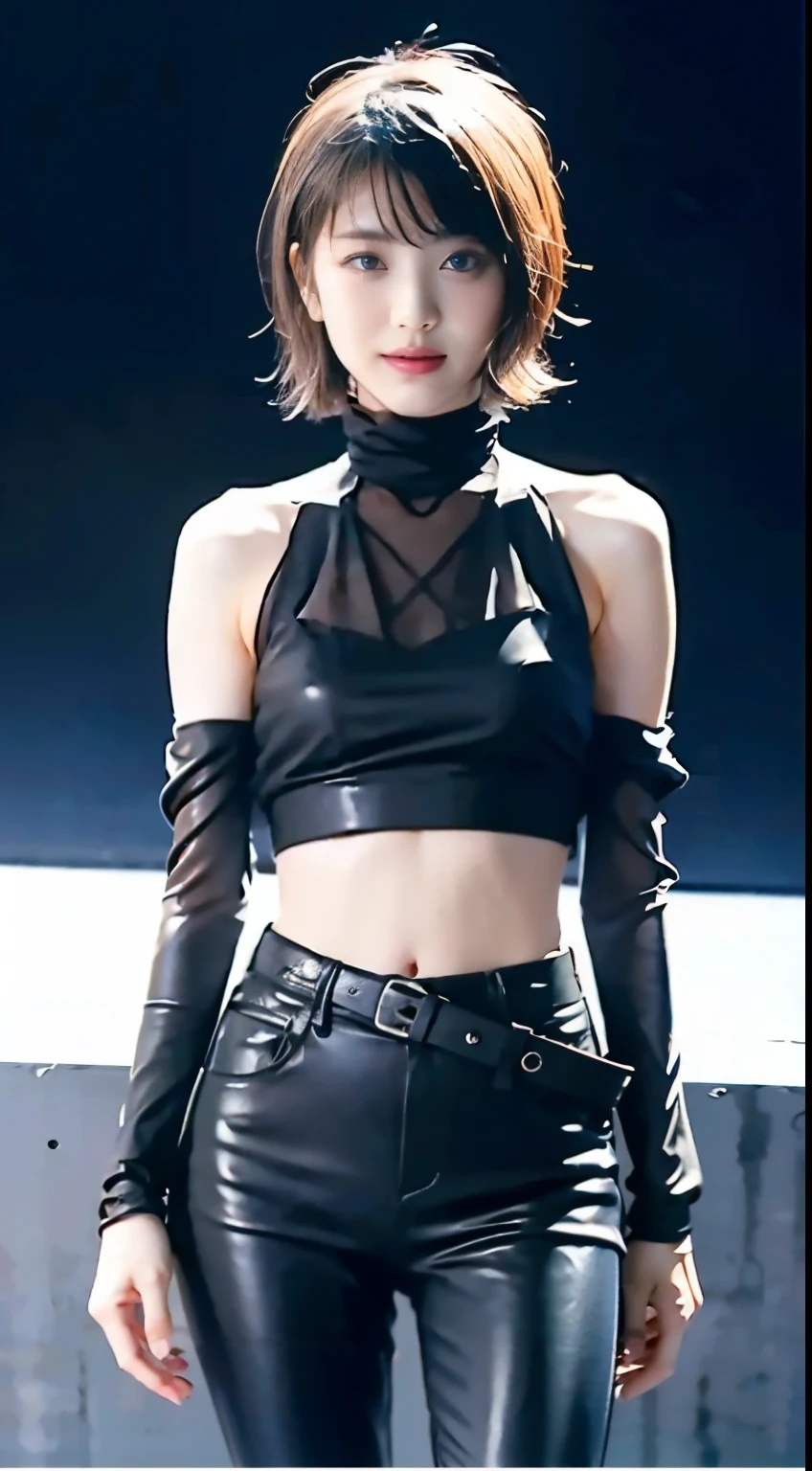 ta, smile, 20-year-old, ((highest quality)), ((masterpiece)), (High resolution:1.3), ..3D, beautiful (cyber punk:1.3), stylish woman, watch camera black leather clothing, sleeveless, embarrassing, invisible waist skin, blue black leather pants, silver zipper,belt below the waist,super fine illustration,blonde hair , amount, silver zipper in the middle, leather blue black body, with sleeves: Blue Black, shiny, black hair,