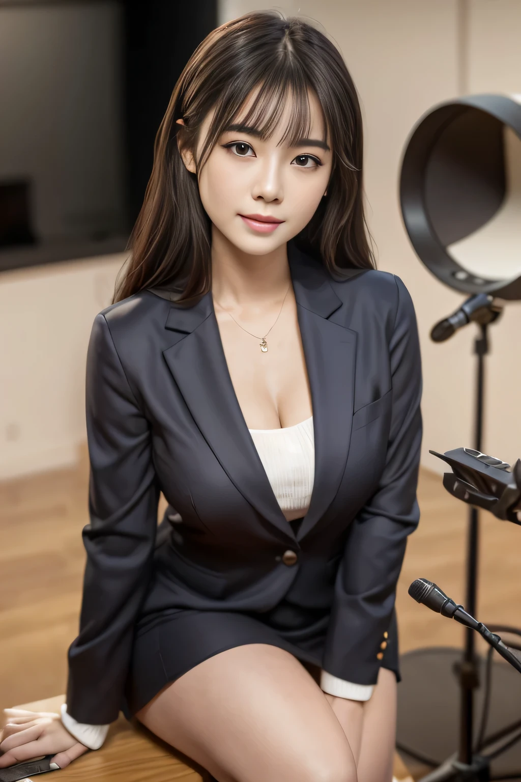 ((news broadcast studio:1.4)), news caster, shopping, Calm woman, Large Wide Display, (cityscape).


((highest quality, 8K, masterpiece :1.3)), (realistic, realistic:1.4)beautiful woman beautiful, smile, (bright:1.4),, (highly detailed face:1.2),(Career slim Suit 1.4), fine eyes, double eyelid, beautiful japanese woman, sitting, slim:1.9, thin, oily skin, shiny skin, velvet,black suit