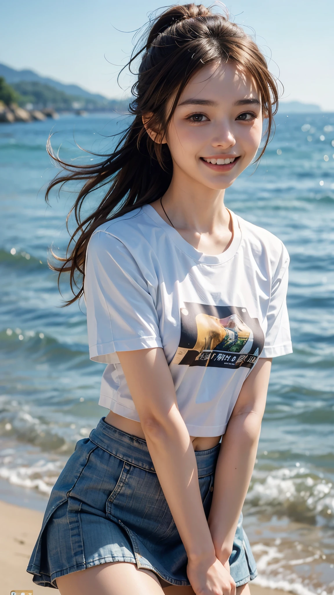 highest quality, masterpiece, ultra high resolution, (realistic:1.3), (close portrait) RAW photo, 1 girl, 22 years ago,(((Mini skirt on t-shirt))),((brown hair long hair chignon)),along the coast,japanese pictures, fuji negative film,Pocari Sweat Advertisement ((Medium chest)),((smile showing teeth)),black hair,