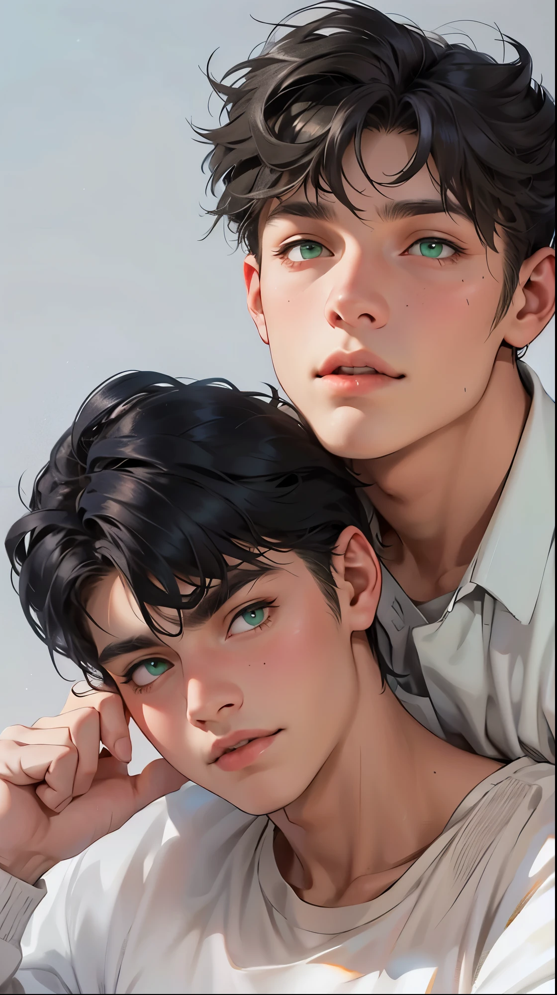 There are two cute  boys, they are a couple, white hair, green eyes, they are talking lovingly, they open their mouths, one tells a story to the other.