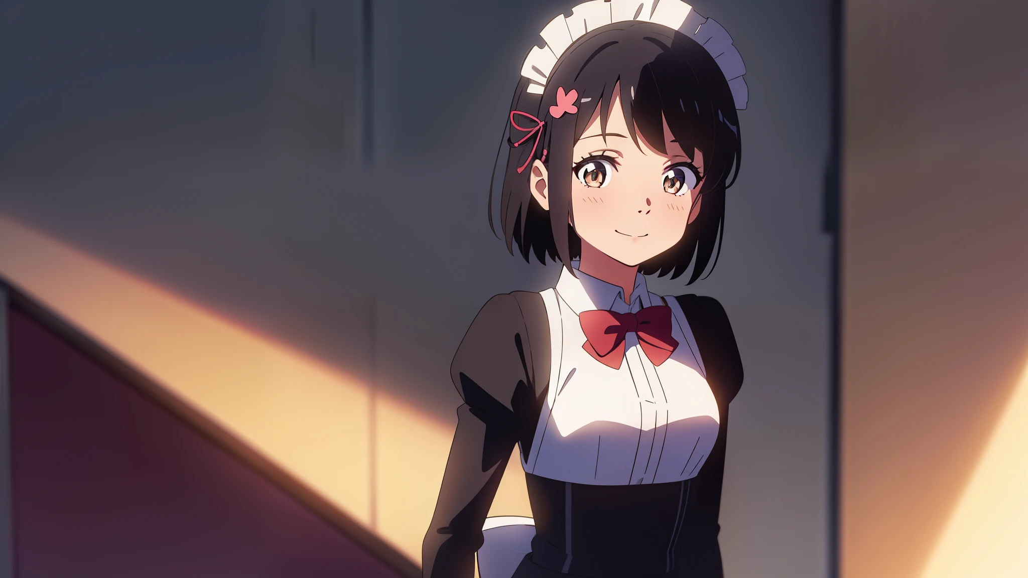 shinkai makoto, kimi no na wa., 1girl, bangs, black hair, blush, bright eyes, brown eyes, bow, ribbon, short hair, smile, cute, beautiful, shiny skin, looking at viewer, solo, maid clothes, maid headdress, short dress, frills, hair ornament, Off-the-shoulders, upper body, valentine background