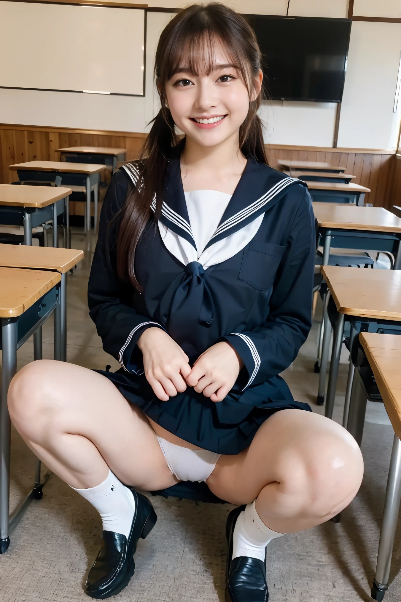 ((highest quality、8K、master piece:1.3))、draw beautiful women，、that girl、Highly exposed Japanese high school girl uniform、super mini skirt、white panties、1 girl、beautiful japanese woman:1.3、beautiful woman with perfect style:1.4、perfect eyes、gentle eyes、perfect iris、perfect skin、super detailed face、delicate eyes、double eyelid、smile、I can see my knees clearly:1.35、smile、Long sleeved Japan sailor suit、sit on a chair and open your legs、(skirt lift)、((wearing black socks and loafers;1.33))、pigtails、inside the classroom、((Chubby))