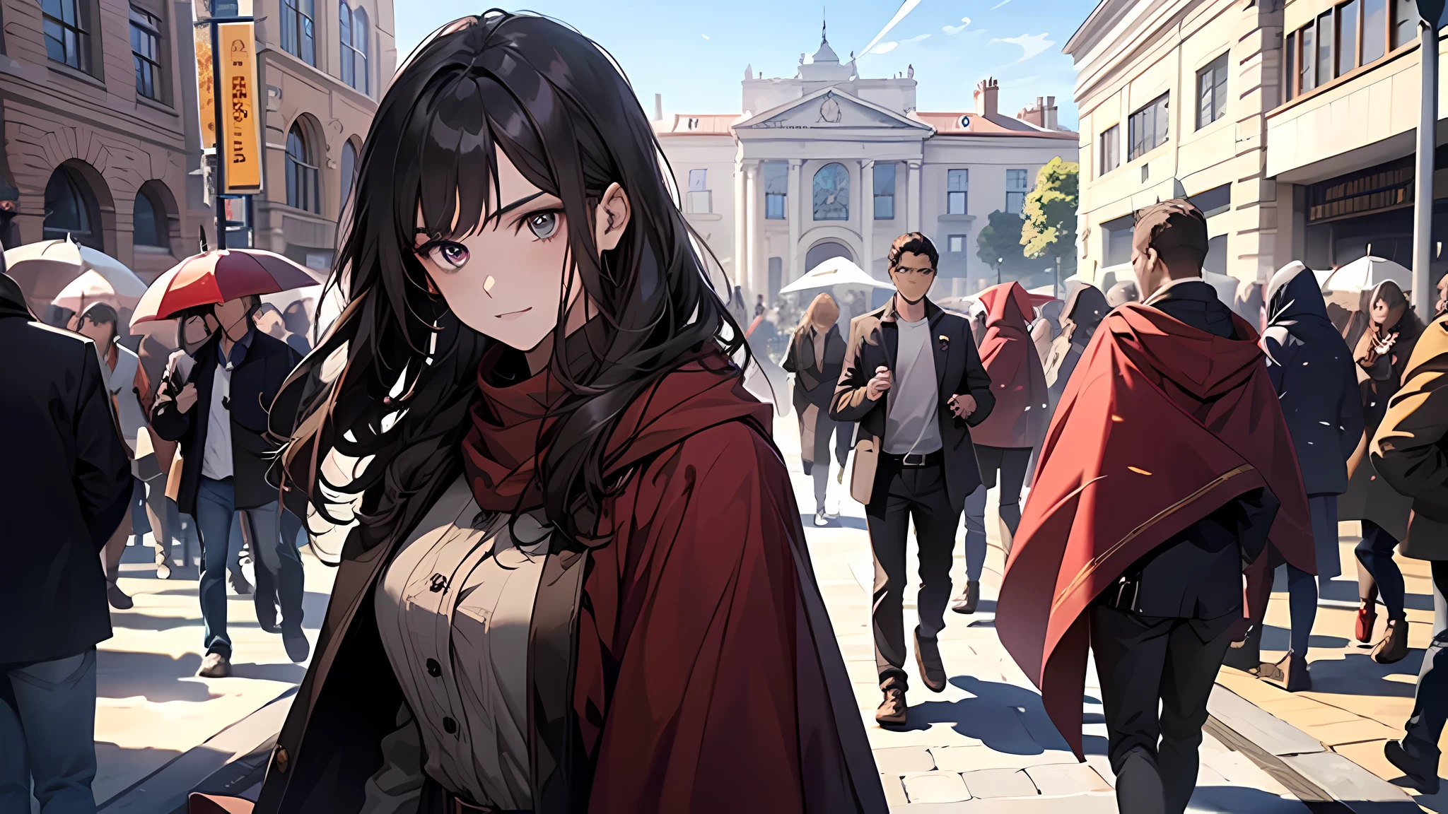 A brunnete woman in a red cape holds a entrance ceremony with a group of classmates, beautiful face, perfect face, perfect eyes, The entrance ceremony was similar to the one in the game. It was a sunny day after the rain while the students gathered in an outdoor plaza.
