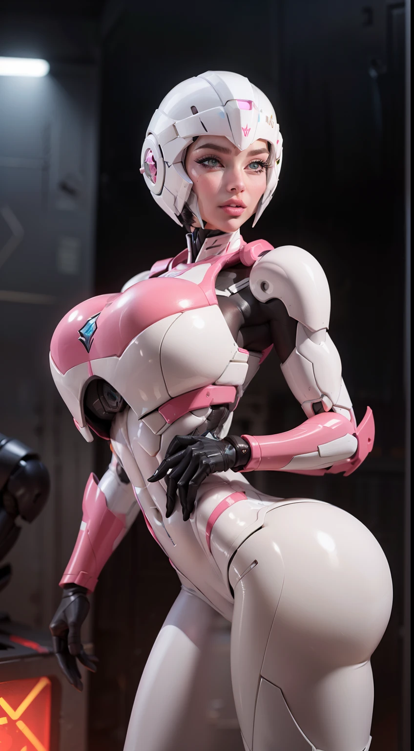 (Arcee), Arafed Mujer con un traje futurista posando para una foto, (detailed face), defined cheekbones, (puffy lips), (((white sclera))), en armadura futurista blanca, girl in mecha cyber armor, (helmet covers forehead), full lips, (pink and white color scheme), large shoulders, ((white face)), (white breasts)),large ass, (ass air bags), Renderizado del motor irreal + una diosa, Armadura cyborg de porcelana, Armadura blanca brillante, (pink and white aesthetic), (gigantic breasts), slim waist, cybernetic abs, ((pink face)), cuerpo cyborg ginoide, (aletta ocean face), Hermosa y atractiva cyborg femenina, Diferentes cibertrajes, Hermosa cyborg hembra, Hermosa chica blanca cyborg, Con armadura futurista, Perfecto cyborg hembra