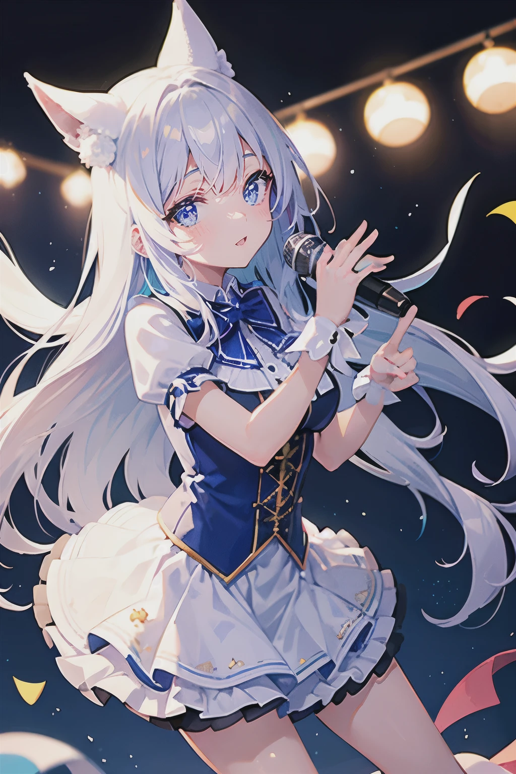 very detailed, ((1 girl)), focus only,Low - Angle,dynamic,jump,((big smile)),wink,perfect face, beautiful face, very detailedな顔,(white long hair_blue eyes:1.3),idol costume,the only idol,Ribbon hair ornament,concert dome,live,I have a microphone,sing,smile with your mouth wide open,laser light,Spotlight,Lots of confetti